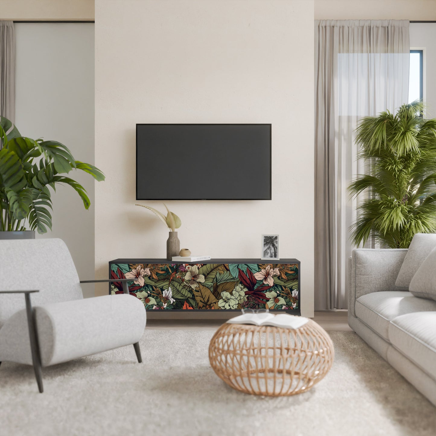 Mobile TV BOTANICAL EMERGENCE a 3 ante con finitura nera