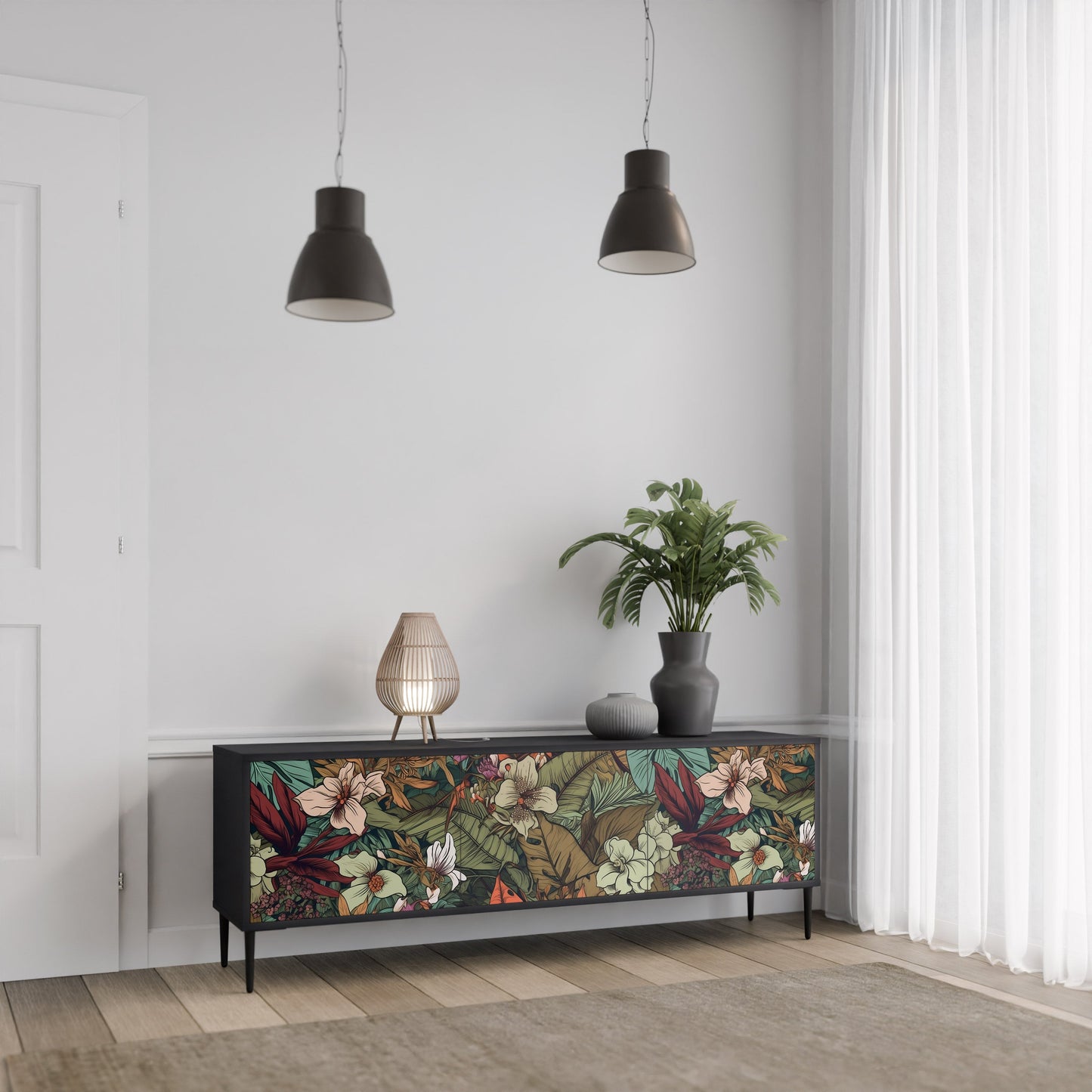 Mobile TV BOTANICAL EMERGENCE a 3 ante con finitura nera
