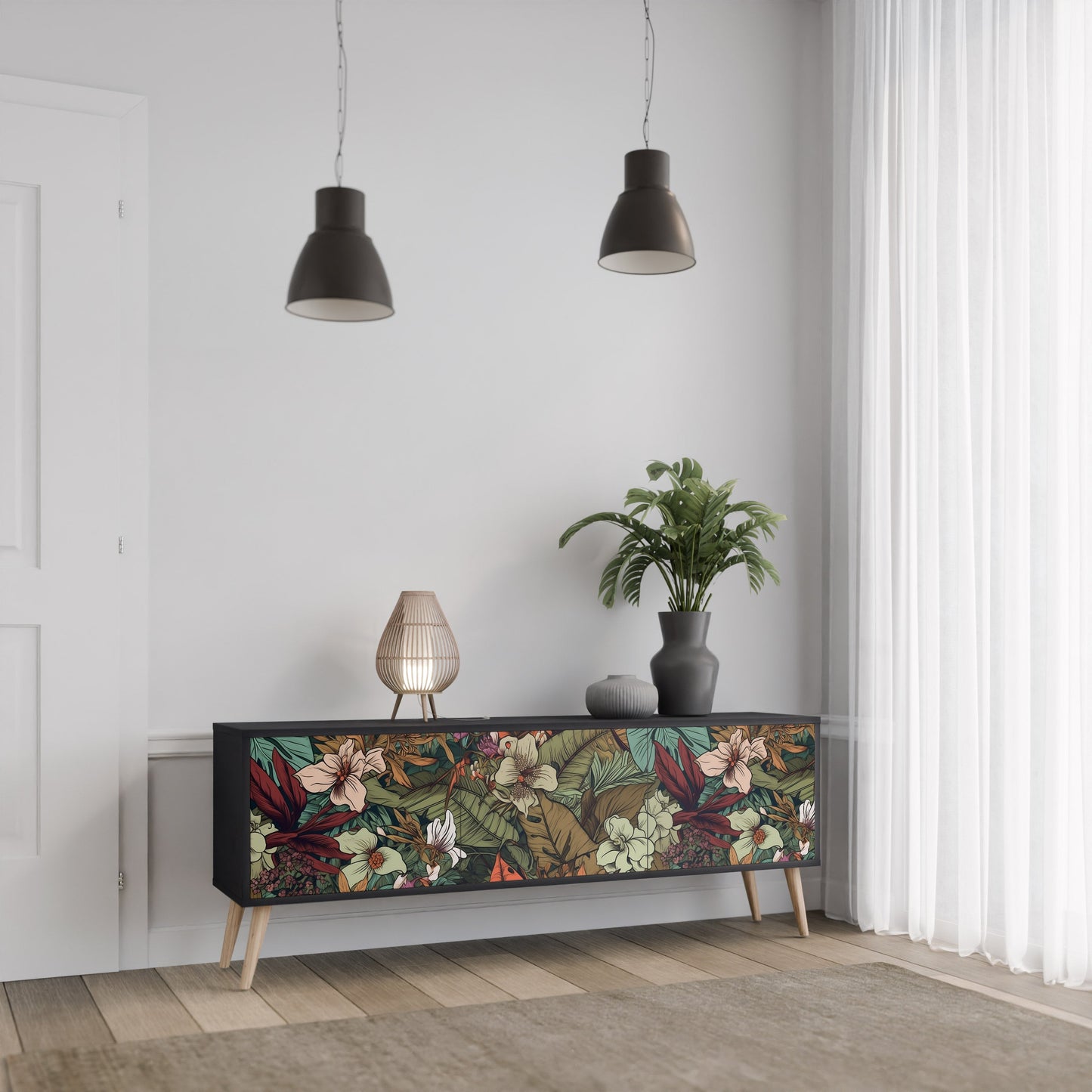 Mobile TV BOTANICAL EMERGENCE a 3 ante con finitura nera
