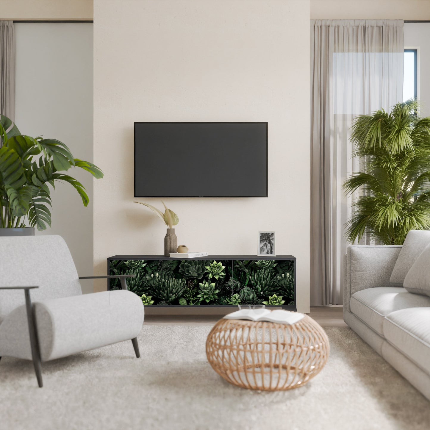 SUCCULENT JUNGLE 3-Door TV Stand in Black Finish