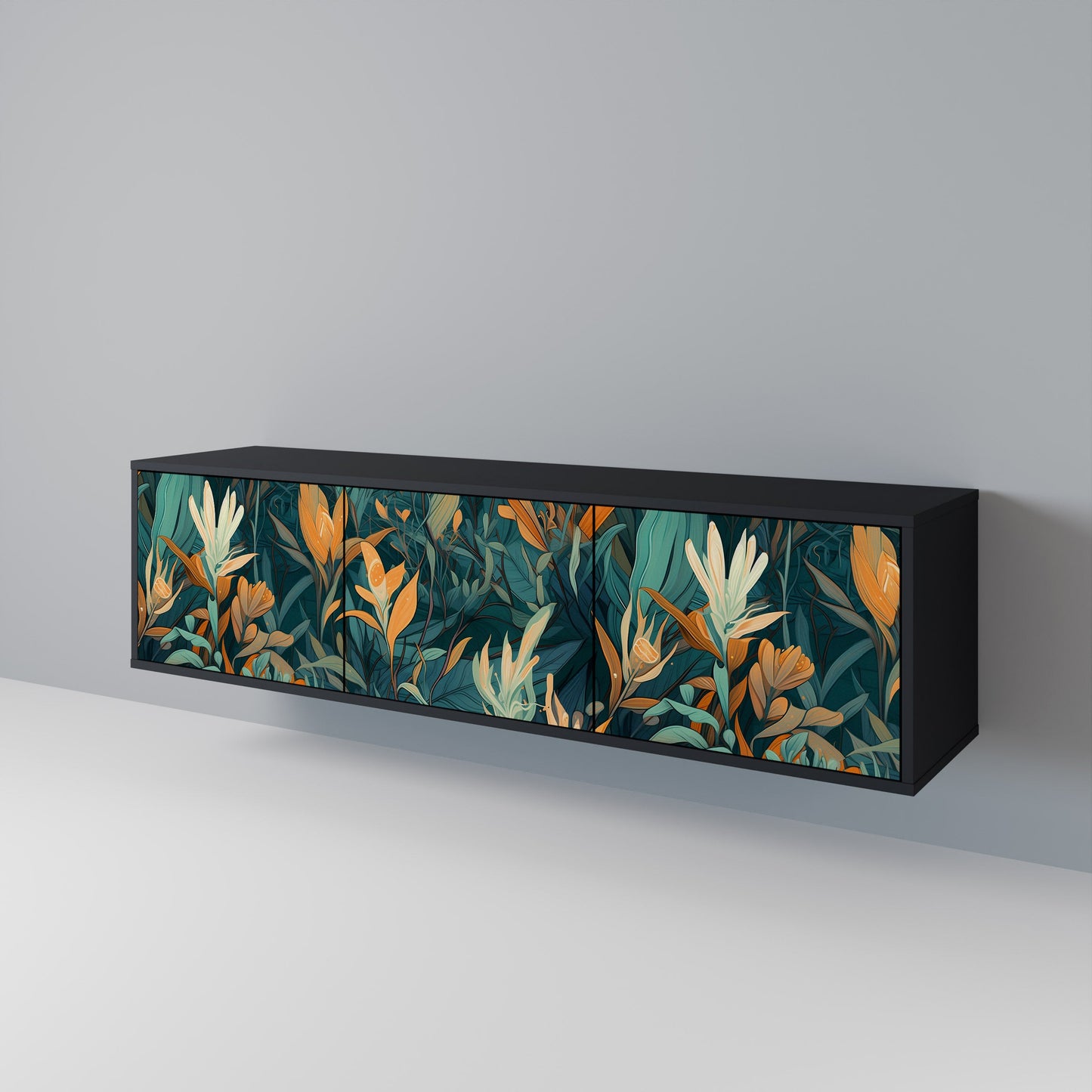 Mobile TV a 3 ante FLORAL SERENITY in finitura nera
