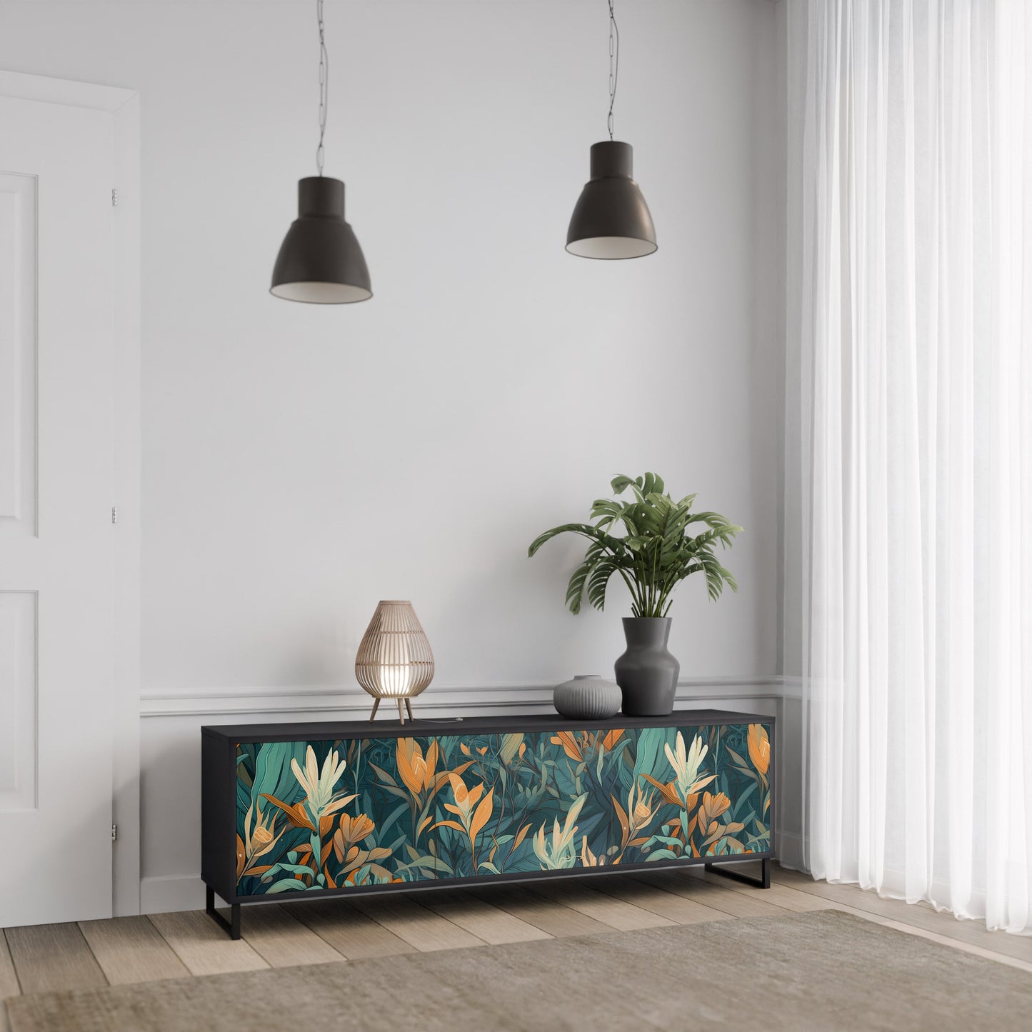 Mobile TV a 3 ante FLORAL SERENITY in finitura nera