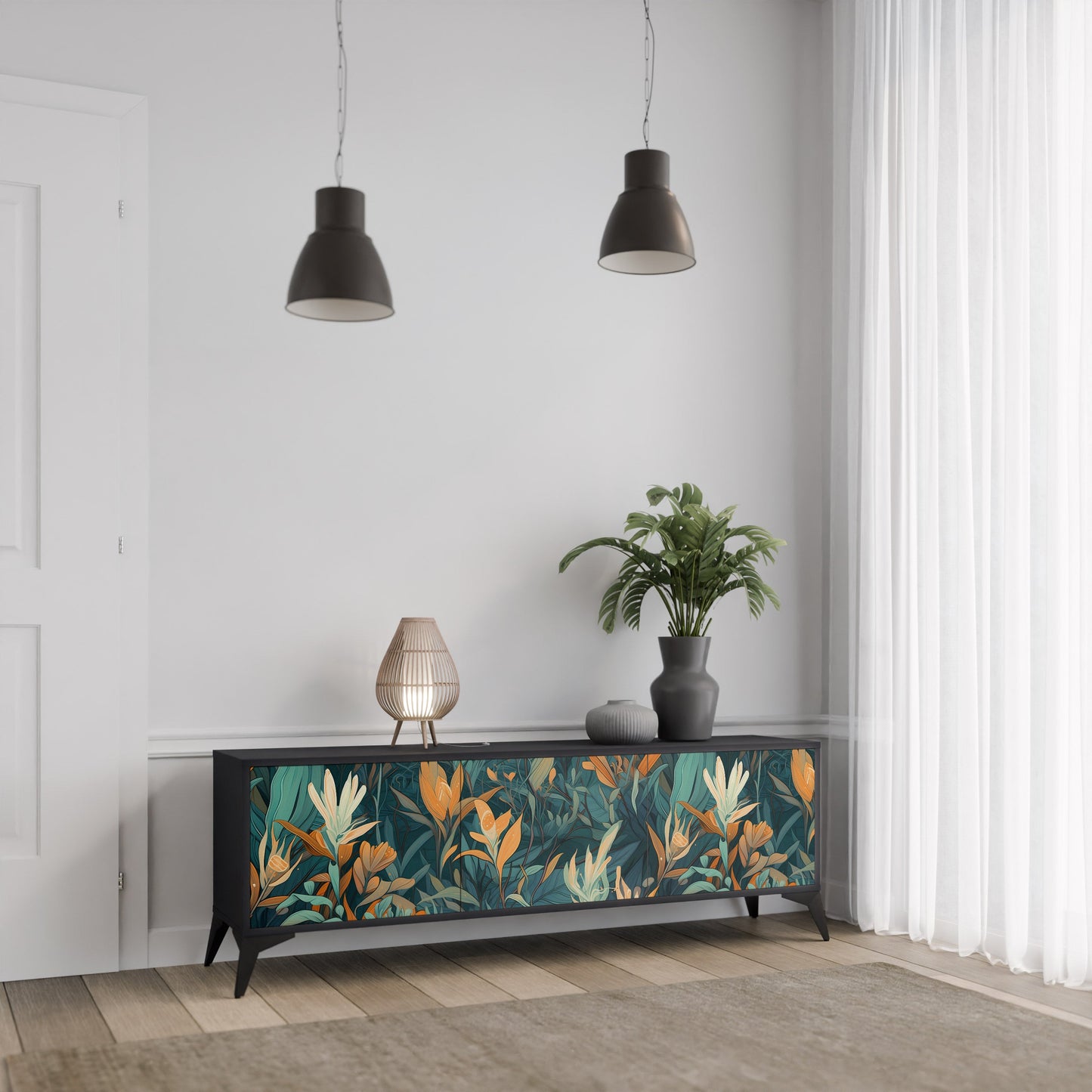 Mobile TV a 3 ante FLORAL SERENITY in finitura nera