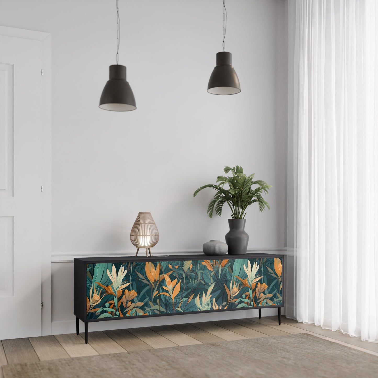 Mobile TV a 3 ante FLORAL SERENITY in finitura nera
