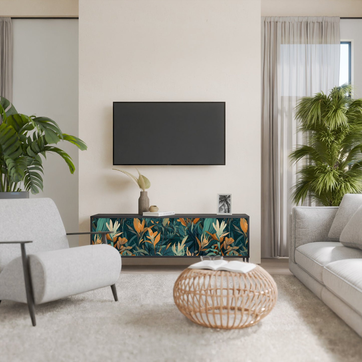 Mobile TV a 3 ante FLORAL SERENITY in finitura nera