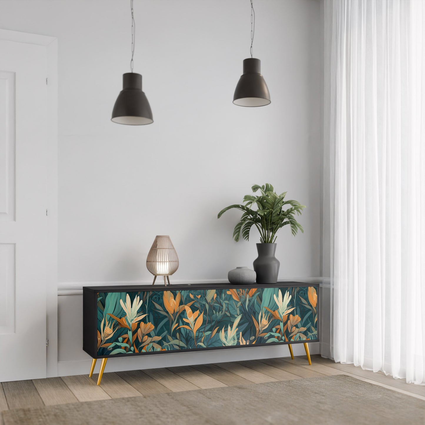 Mobile TV a 3 ante FLORAL SERENITY in finitura nera