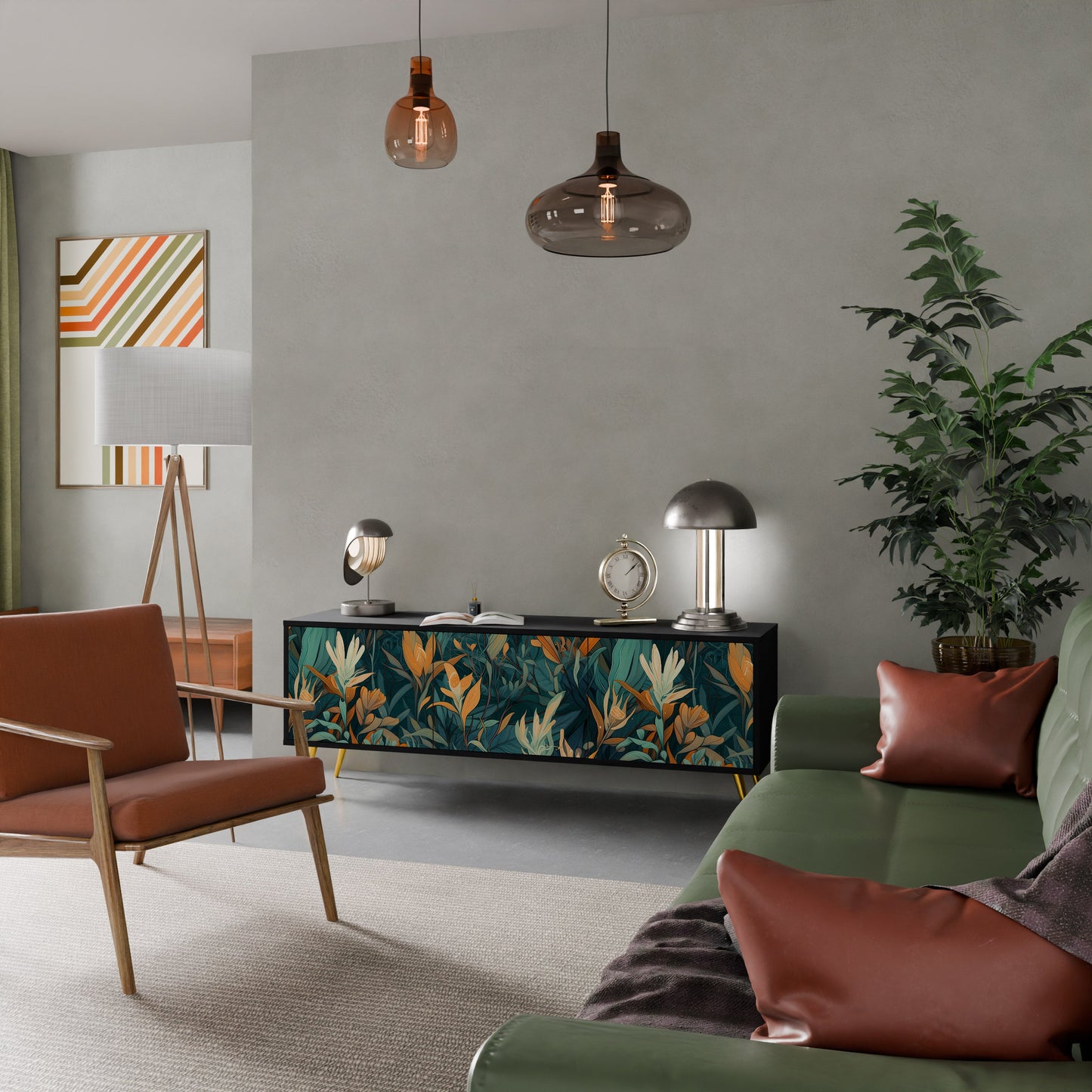 Mobile TV a 3 ante FLORAL SERENITY in finitura nera