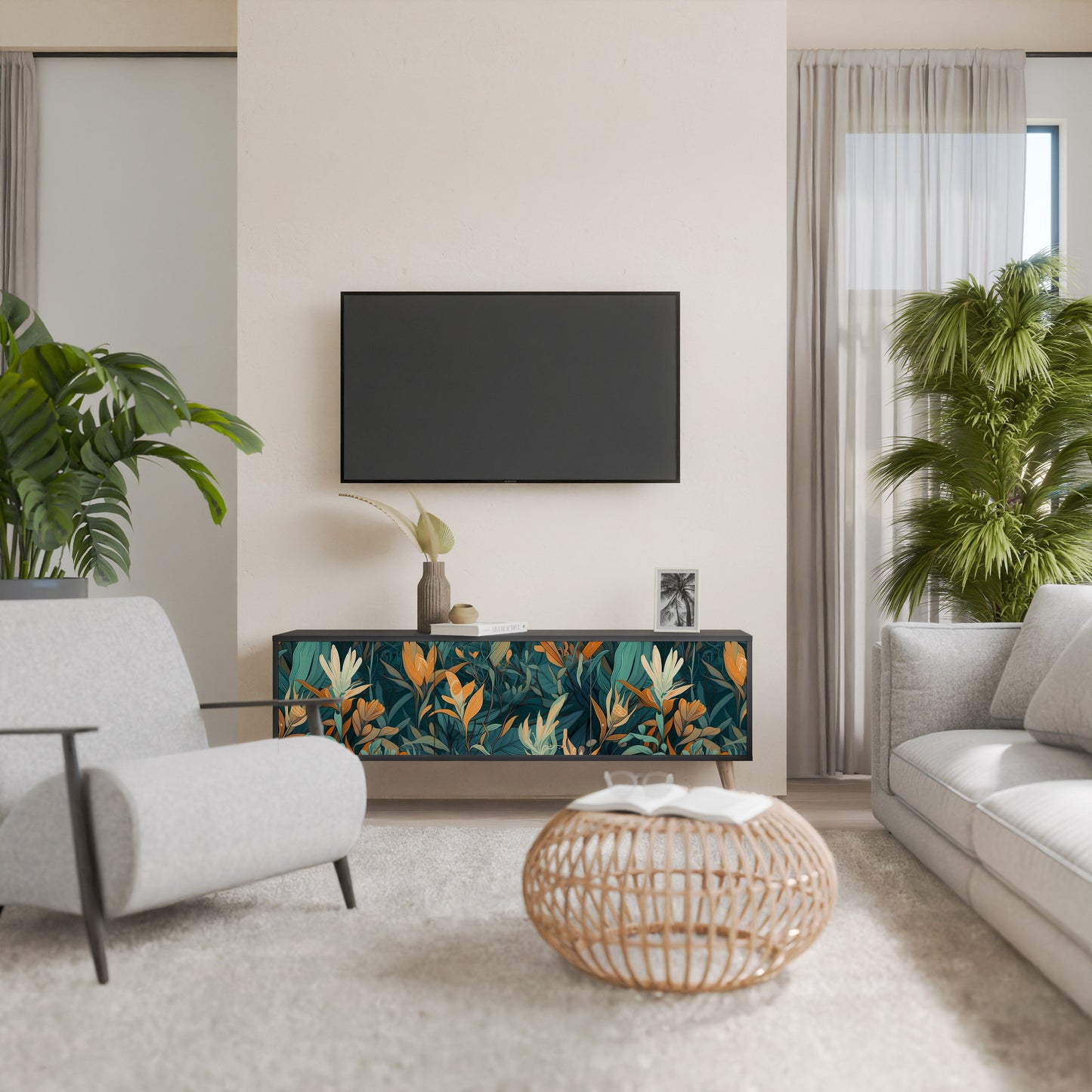 Mobile TV a 3 ante FLORAL SERENITY in finitura nera