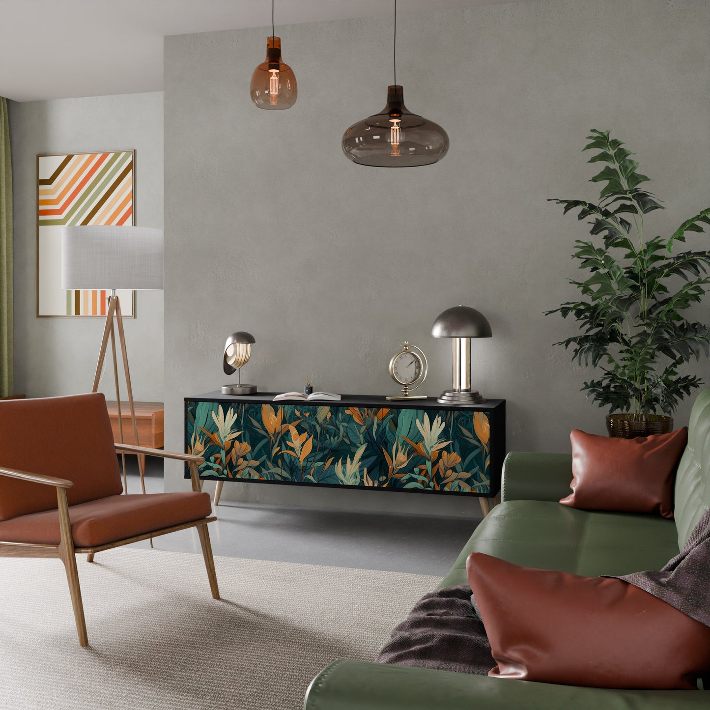 Mobile TV a 3 ante FLORAL SERENITY in finitura nera