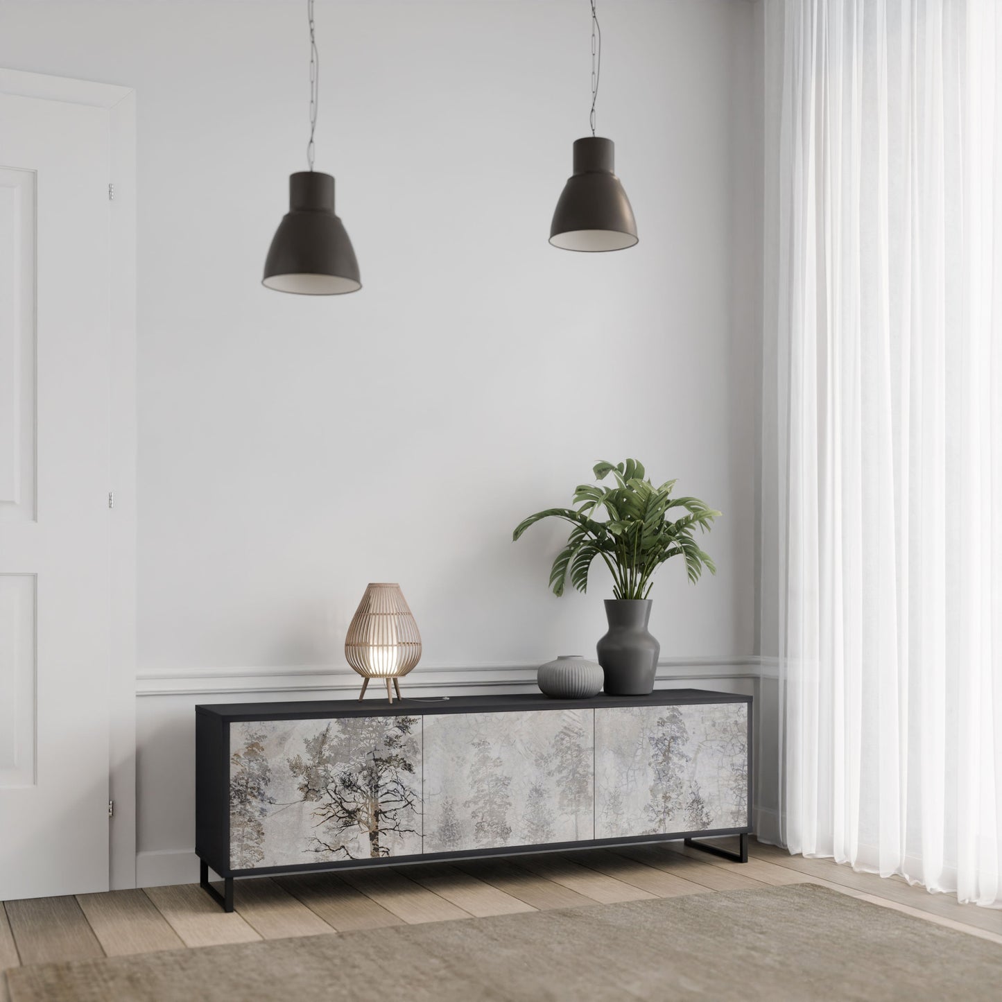 FADE IN THE TREES 3-Door TV Stand in Black Finish