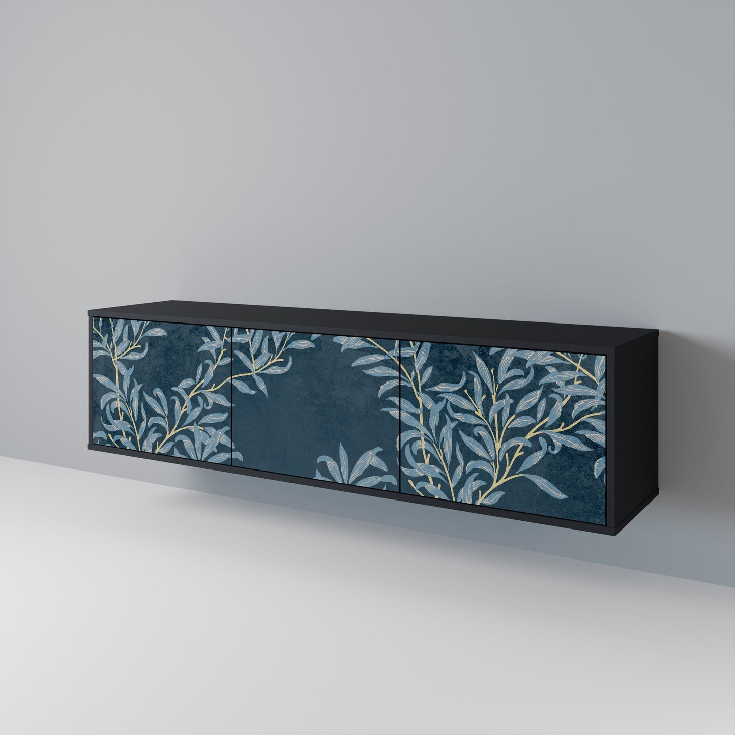 BLUE LEAVES 3-Door TV Stand in Black Finish