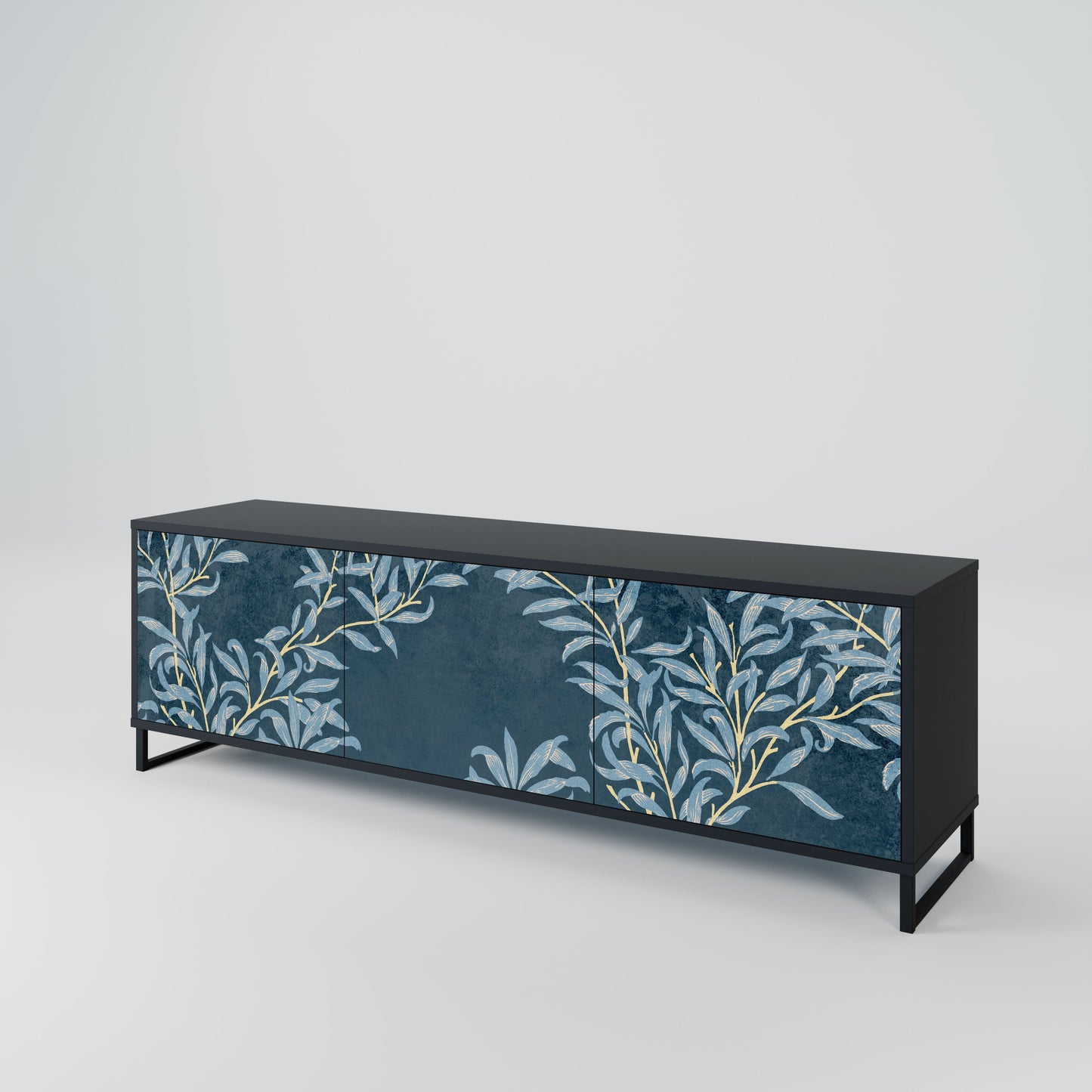 BLUE LEAVES 3-Door TV Stand in Black Finish