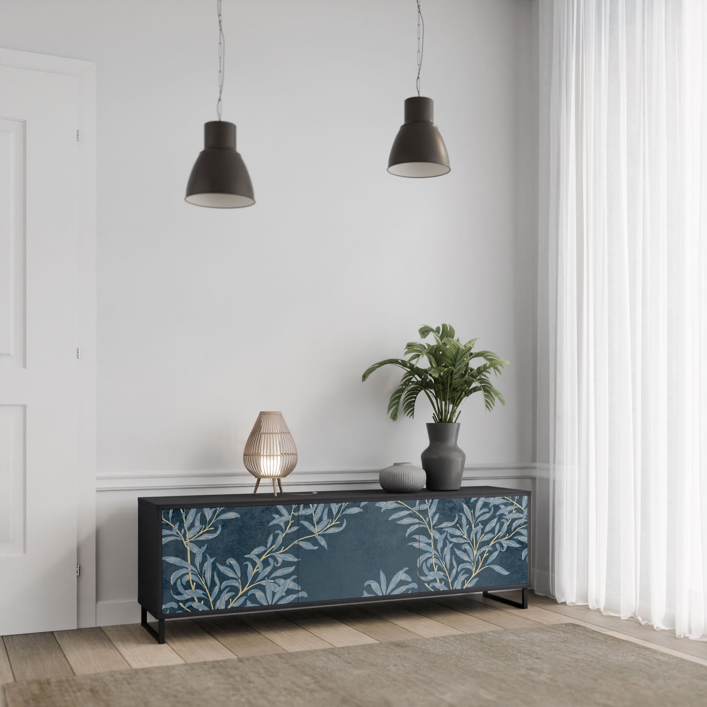 BLUE LEAVES 3-Door TV Stand in Black Finish