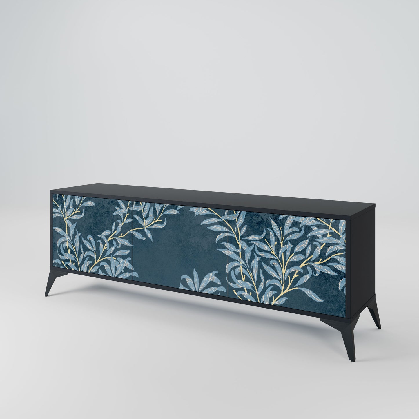 BLUE LEAVES 3-Door TV Stand in Black Finish