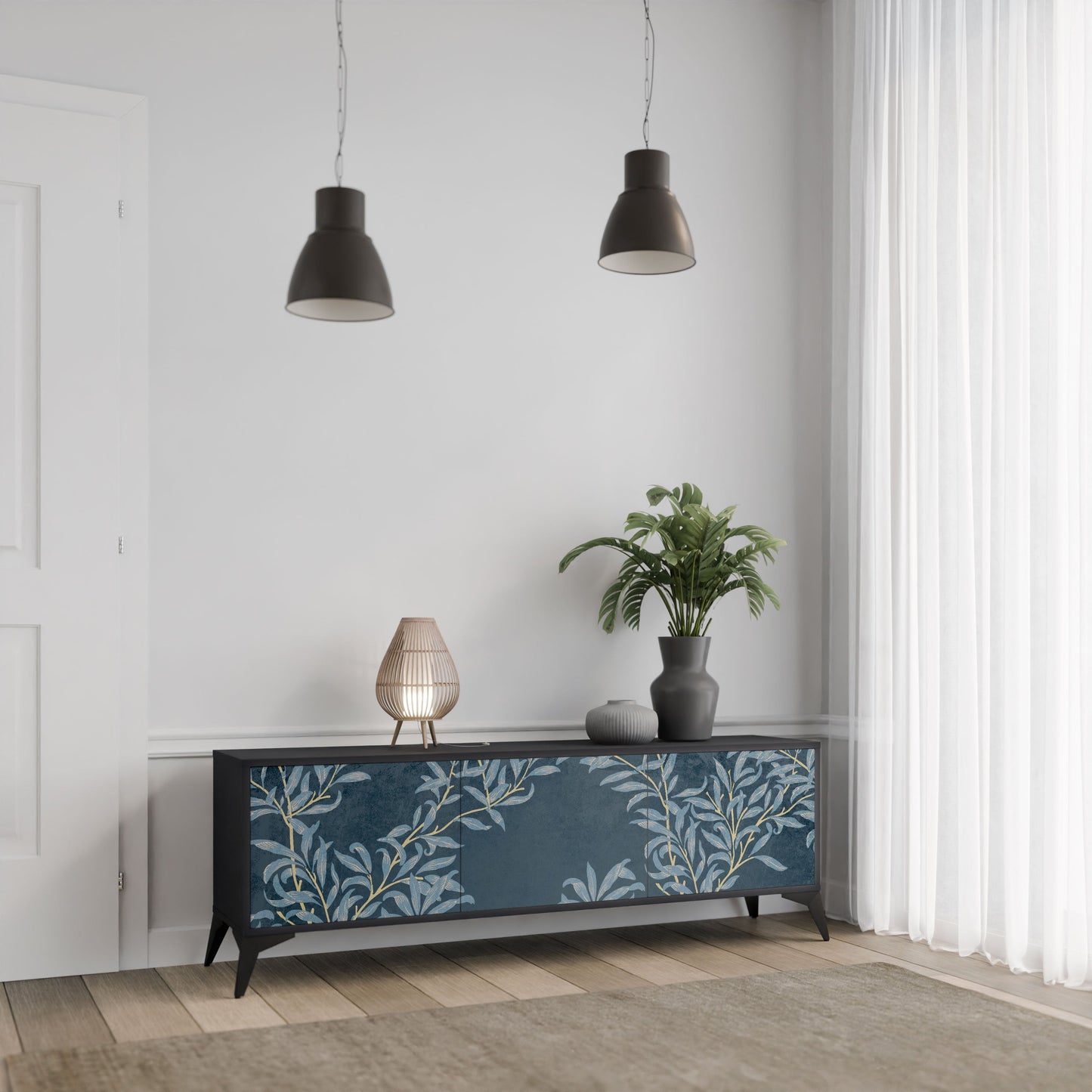 BLUE LEAVES 3-Door TV Stand in Black Finish