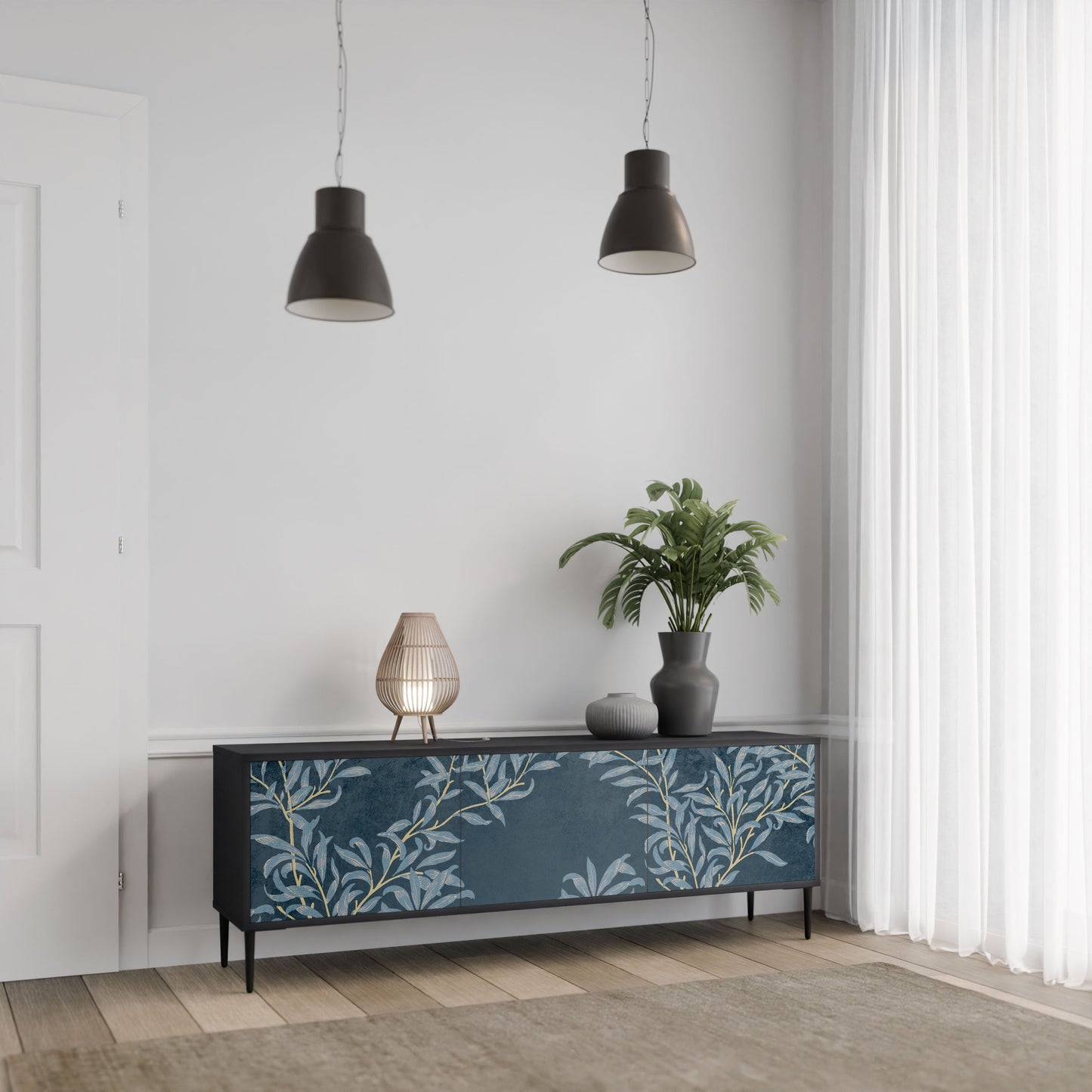 BLUE LEAVES 3-Door TV Stand in Black Finish
