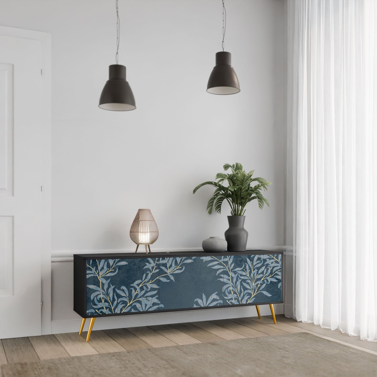 BLUE LEAVES 3-Door TV Stand in Black Finish