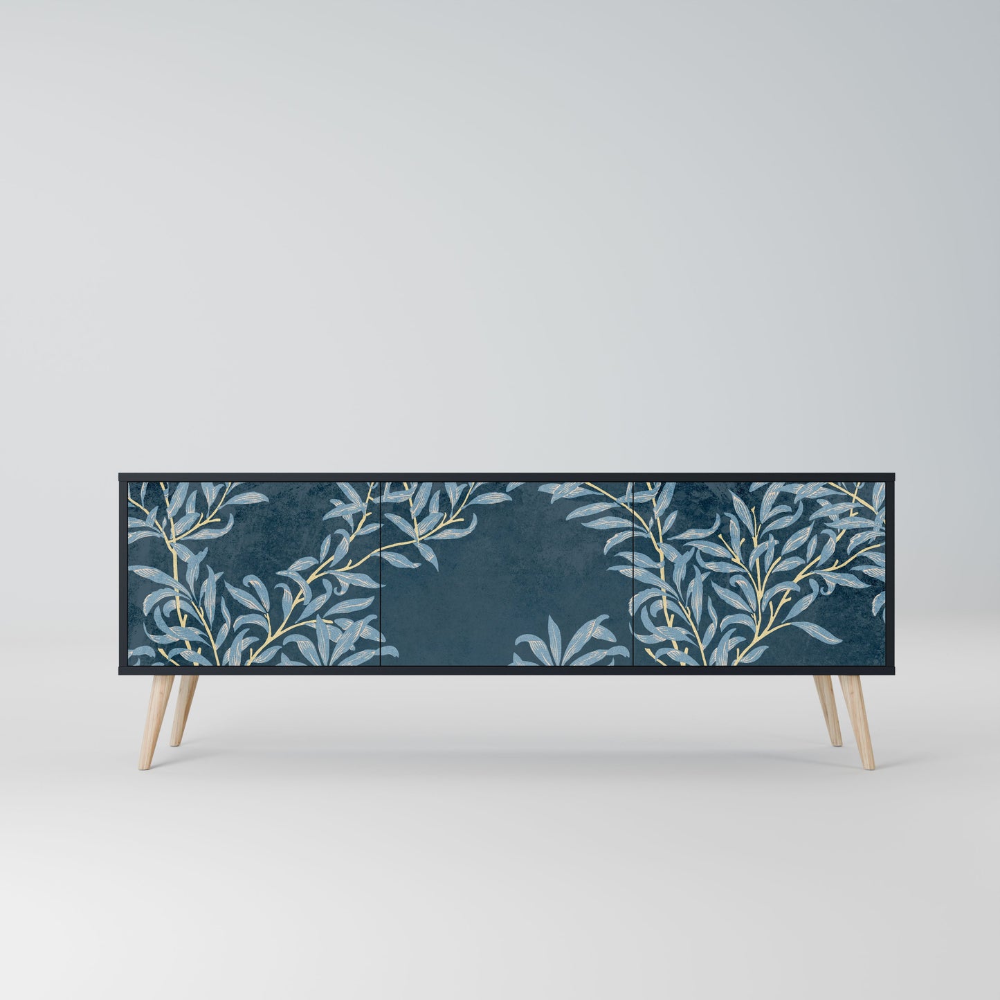 BLUE LEAVES 3-Door TV Stand in Black Finish