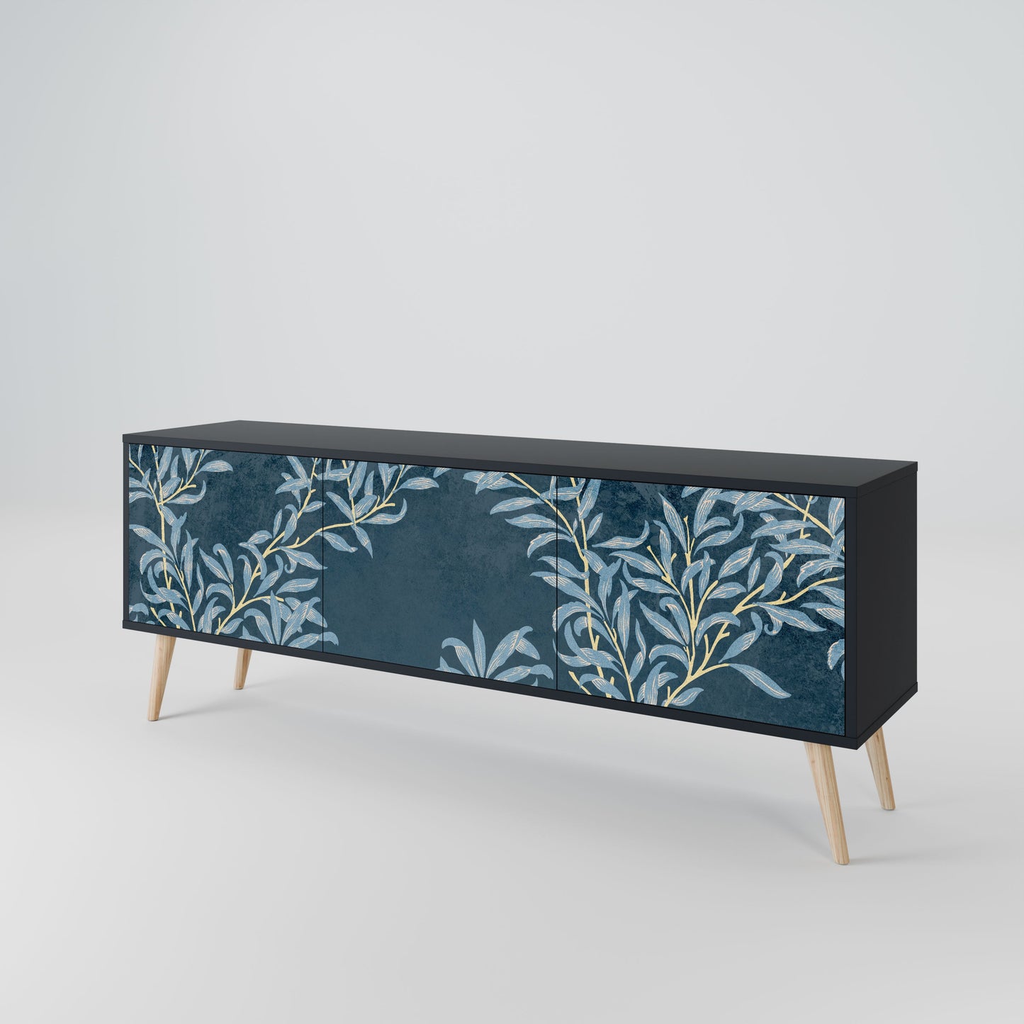 BLUE LEAVES 3-Door TV Stand in Black Finish