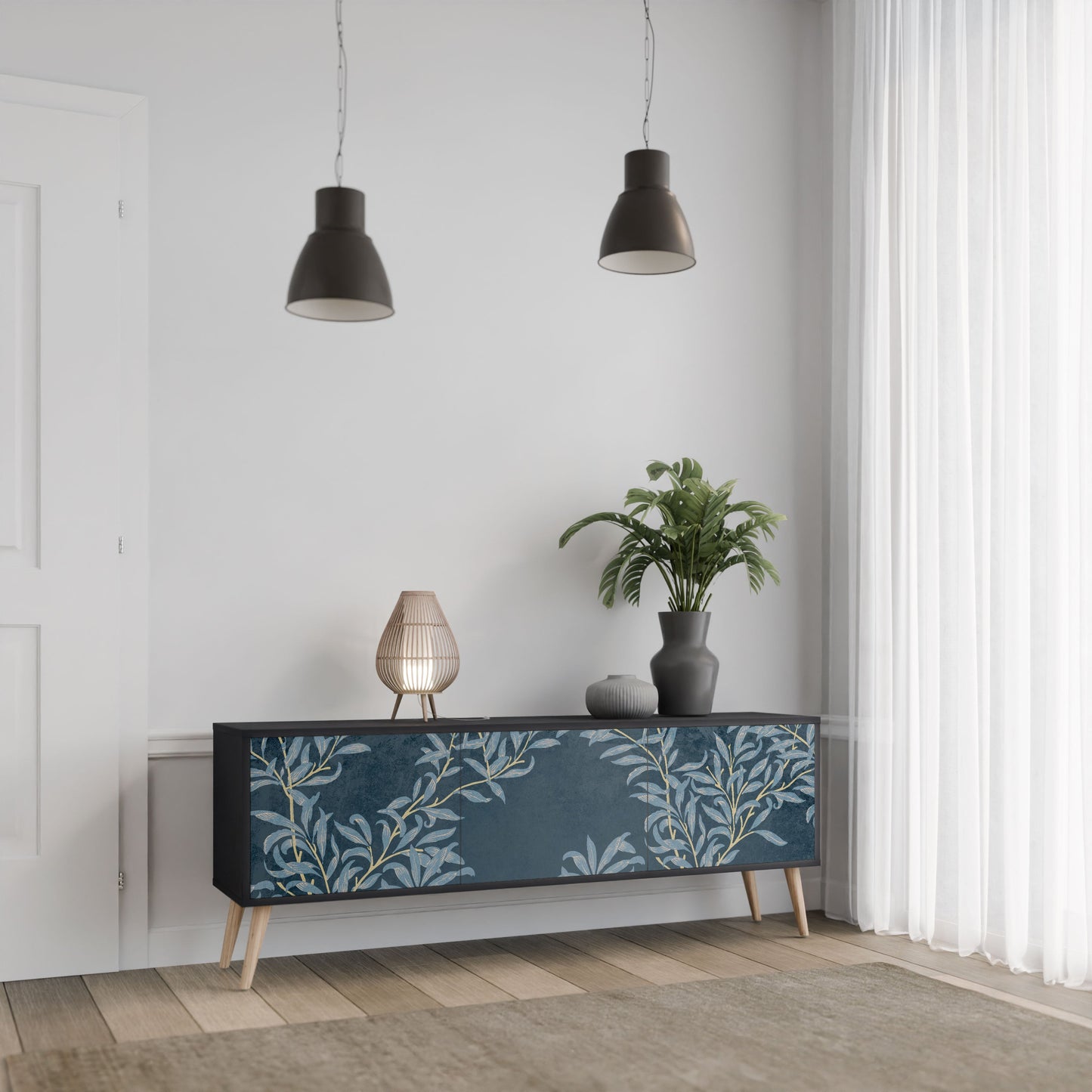 BLUE LEAVES 3-Door TV Stand in Black Finish
