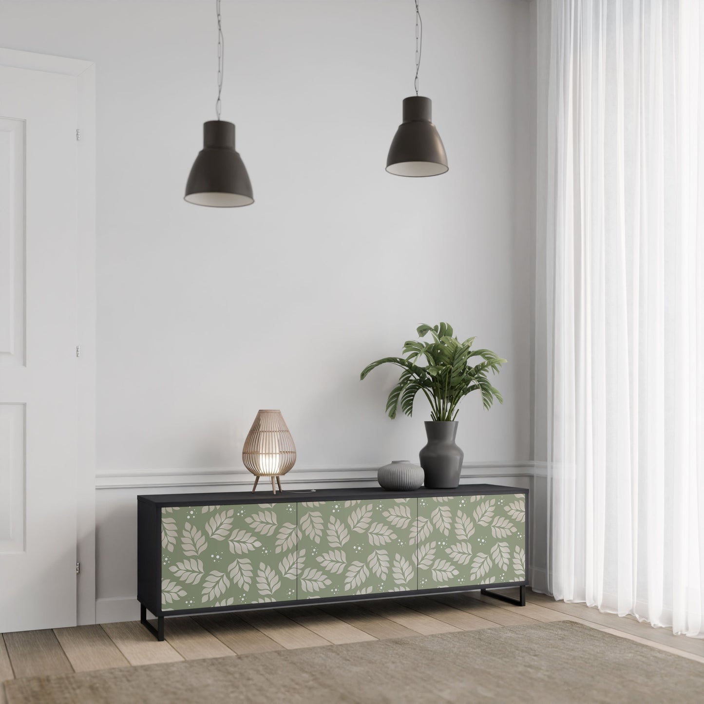 LEAVES ON GREEN 3-Door TV Stand in Black Finish