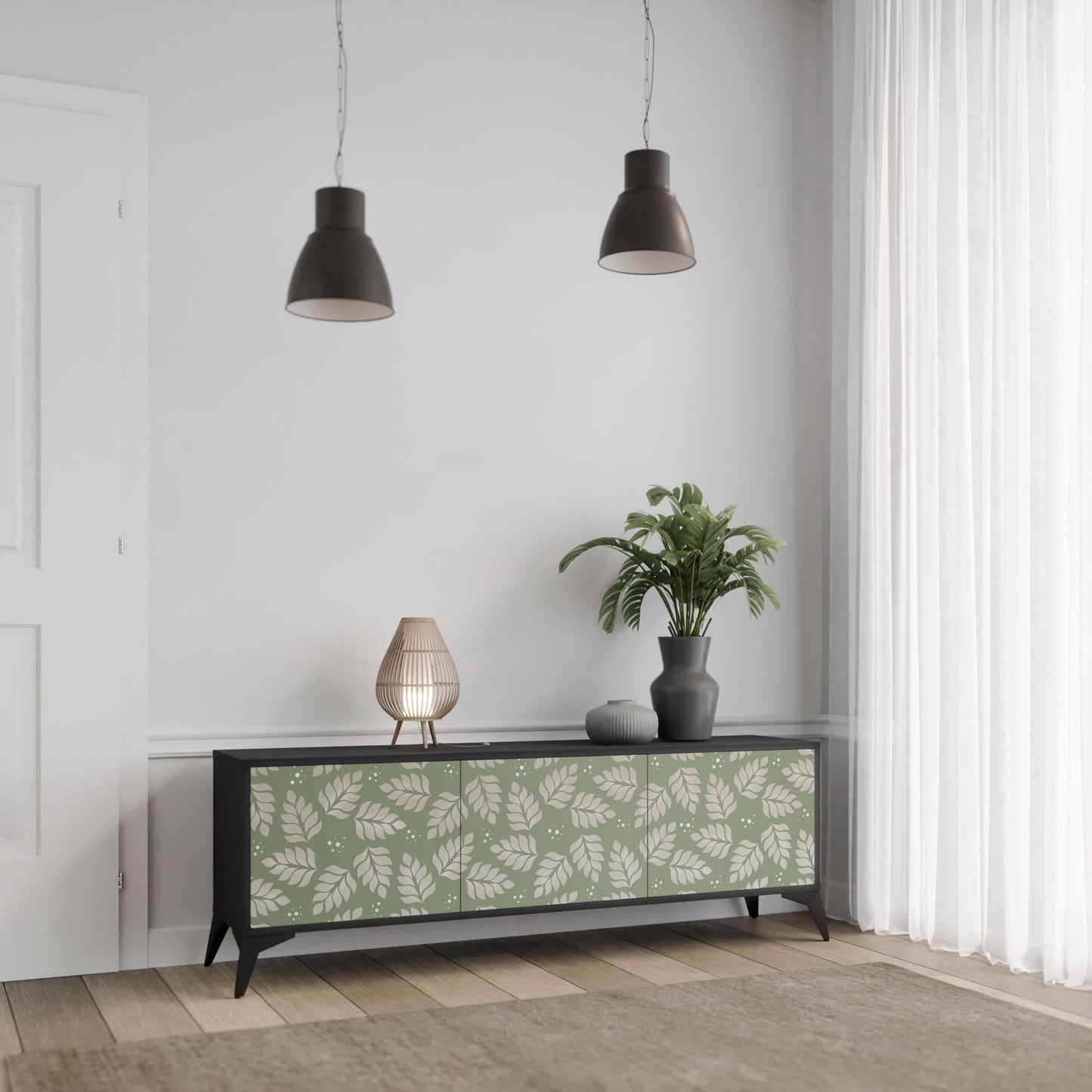 LEAVES ON GREEN 3-Door TV Stand in Black Finish