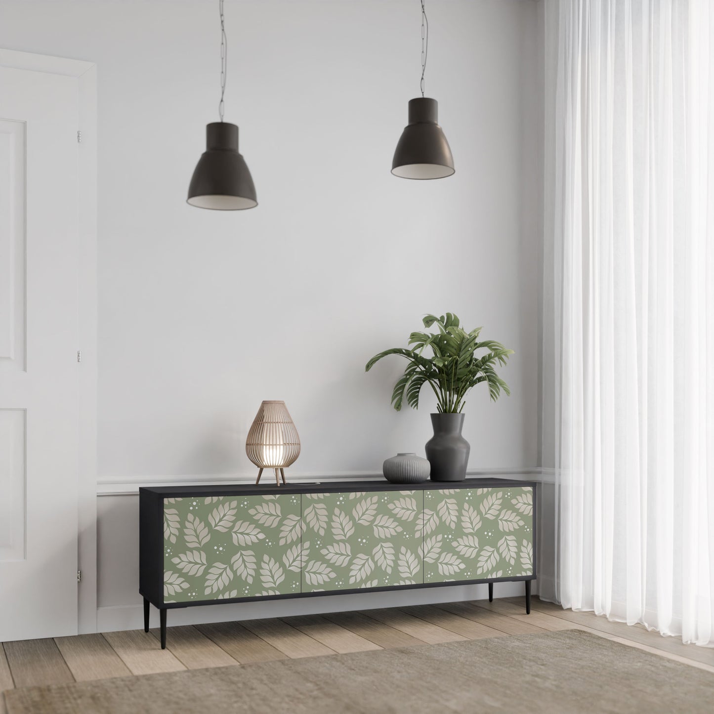 LEAVES ON GREEN 3-Door TV Stand in Black Finish