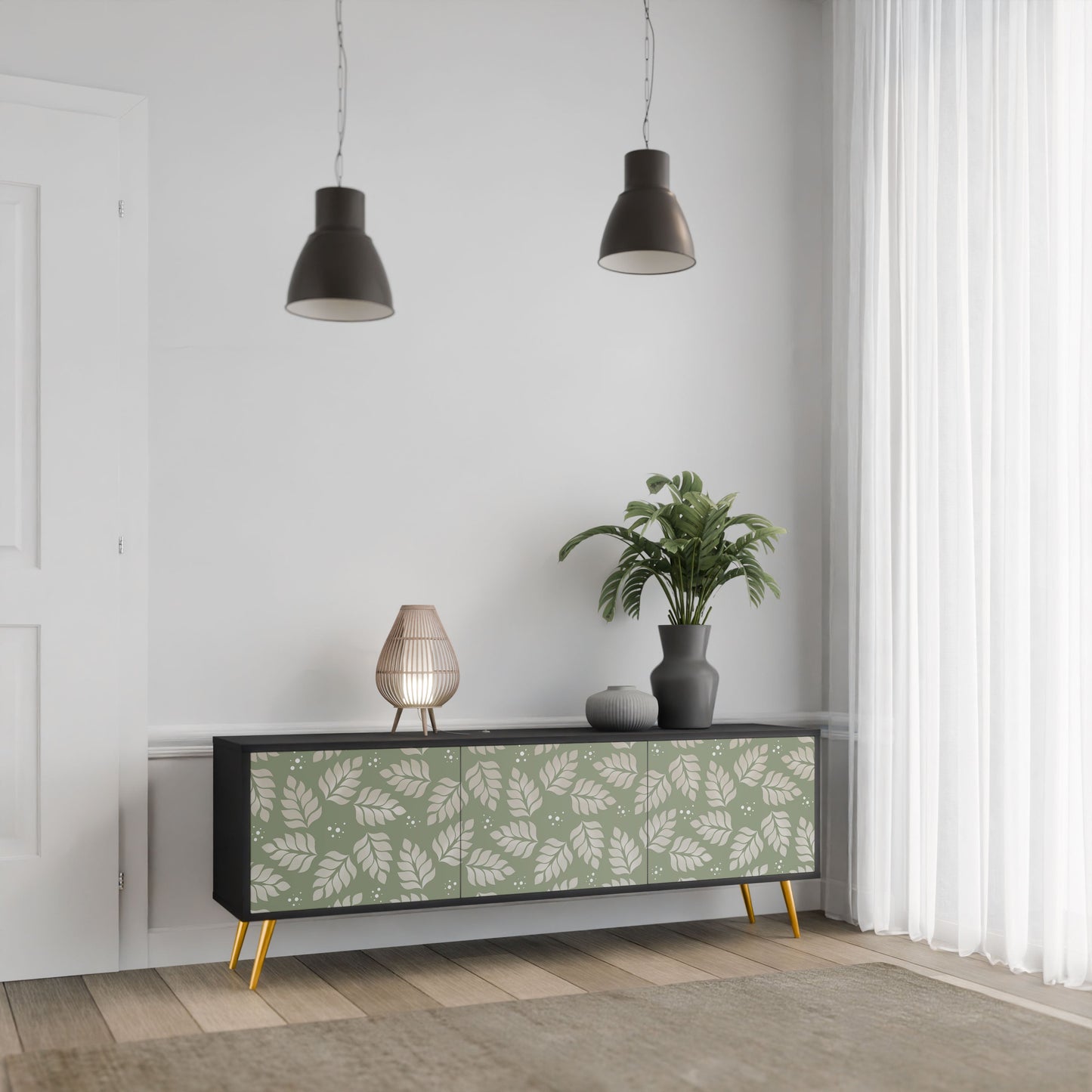 LEAVES ON GREEN 3-Door TV Stand in Black Finish