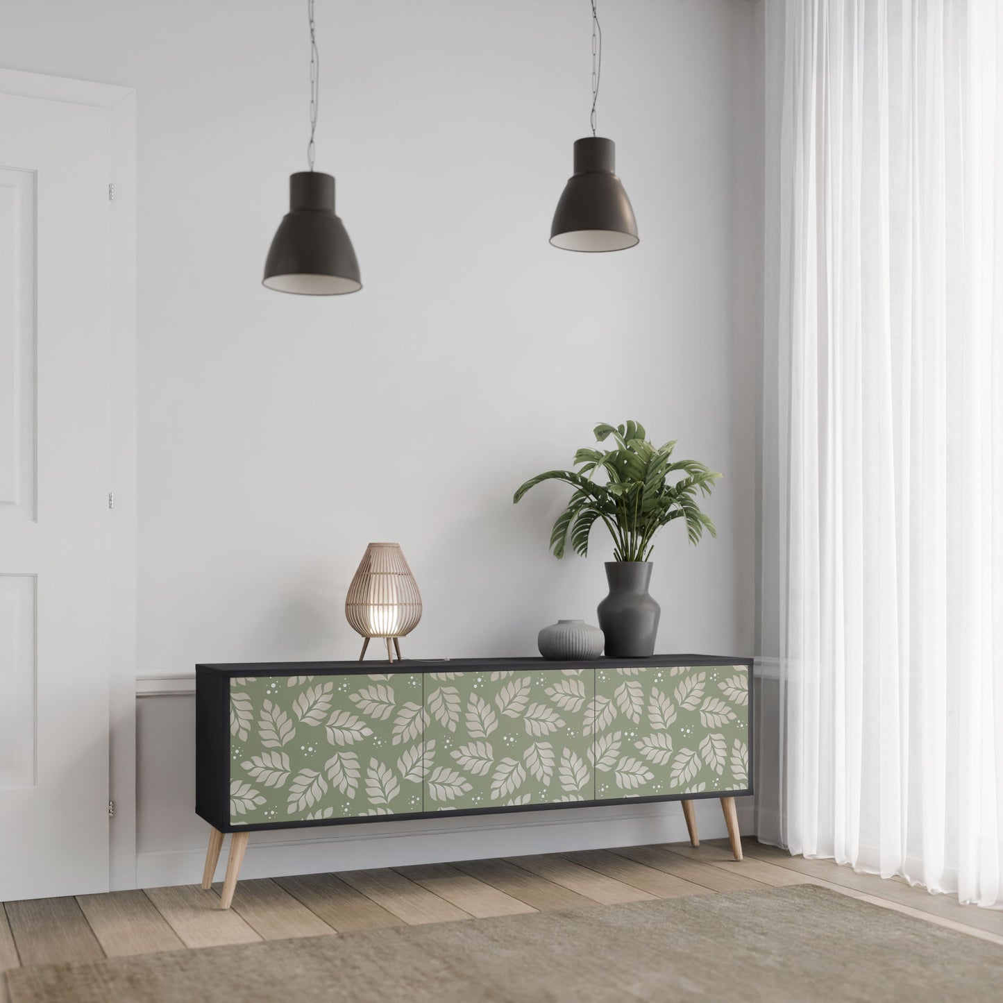 LEAVES ON GREEN 3-Door TV Stand in Black Finish