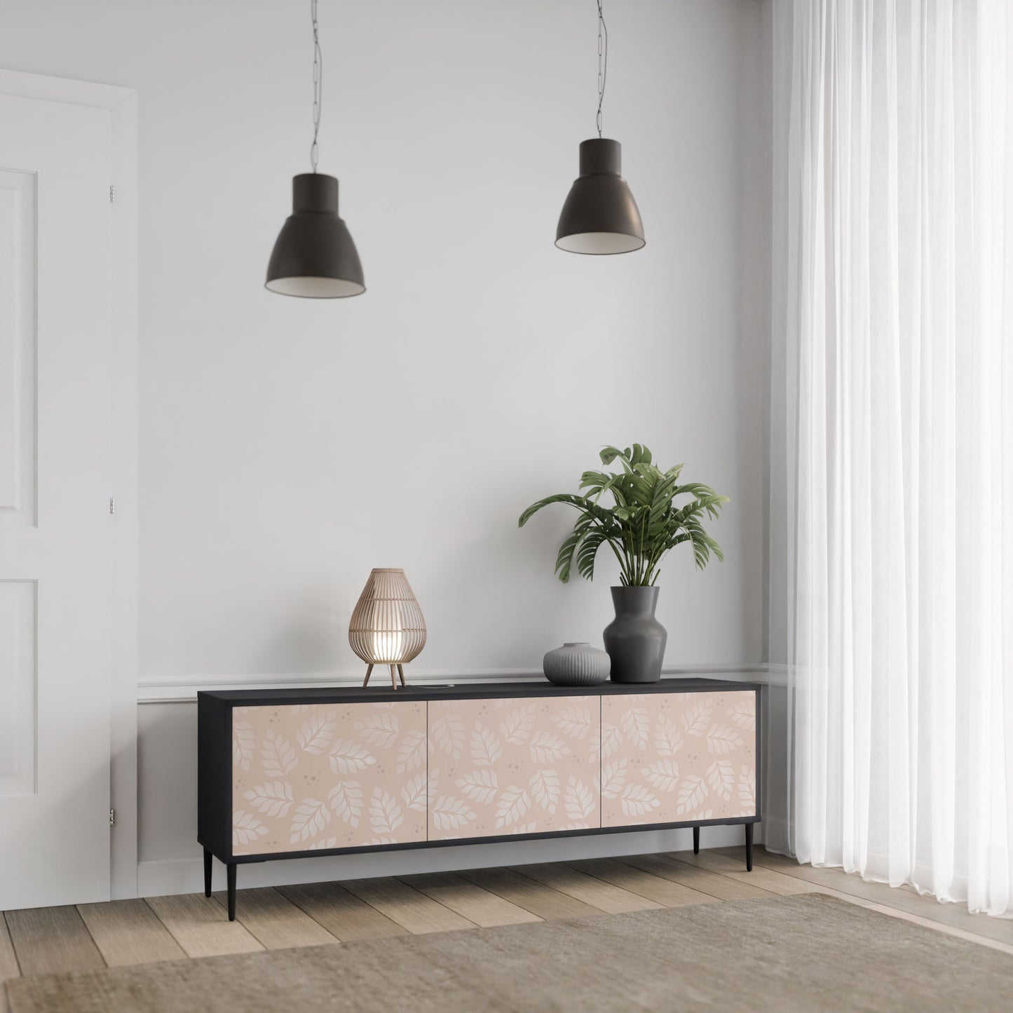 LEAVES ON BEIGE 3-Door TV Stand in Black Finish