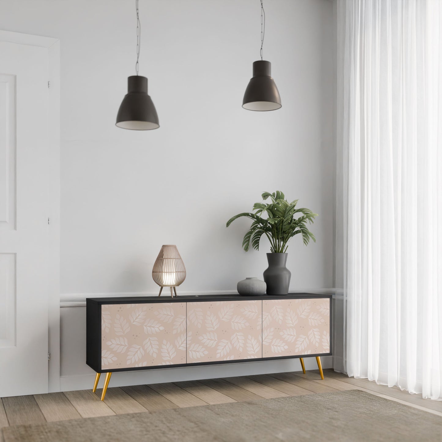 LEAVES ON BEIGE 3-Door TV Stand in Black Finish