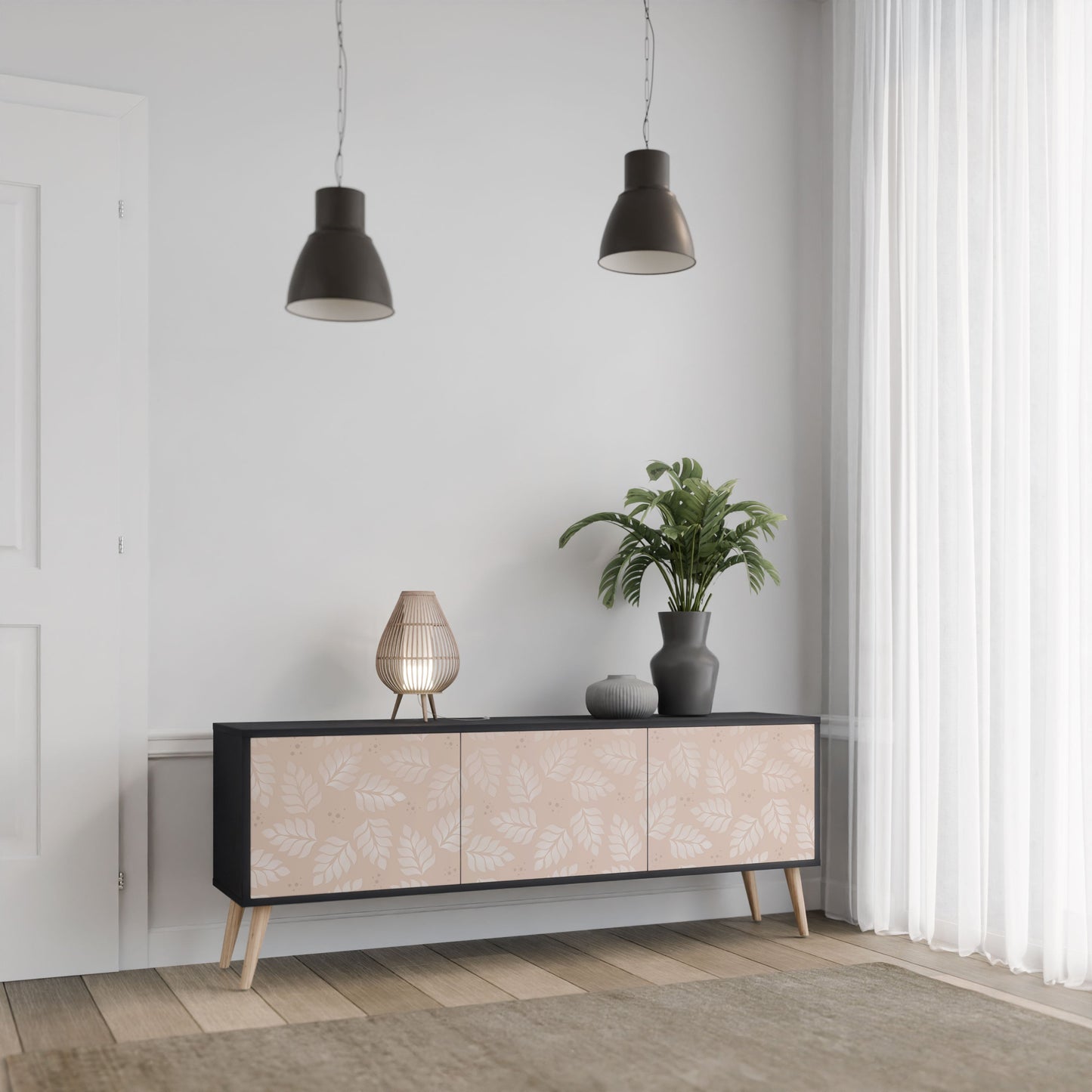 LEAVES ON BEIGE 3-Door TV Stand in Black Finish
