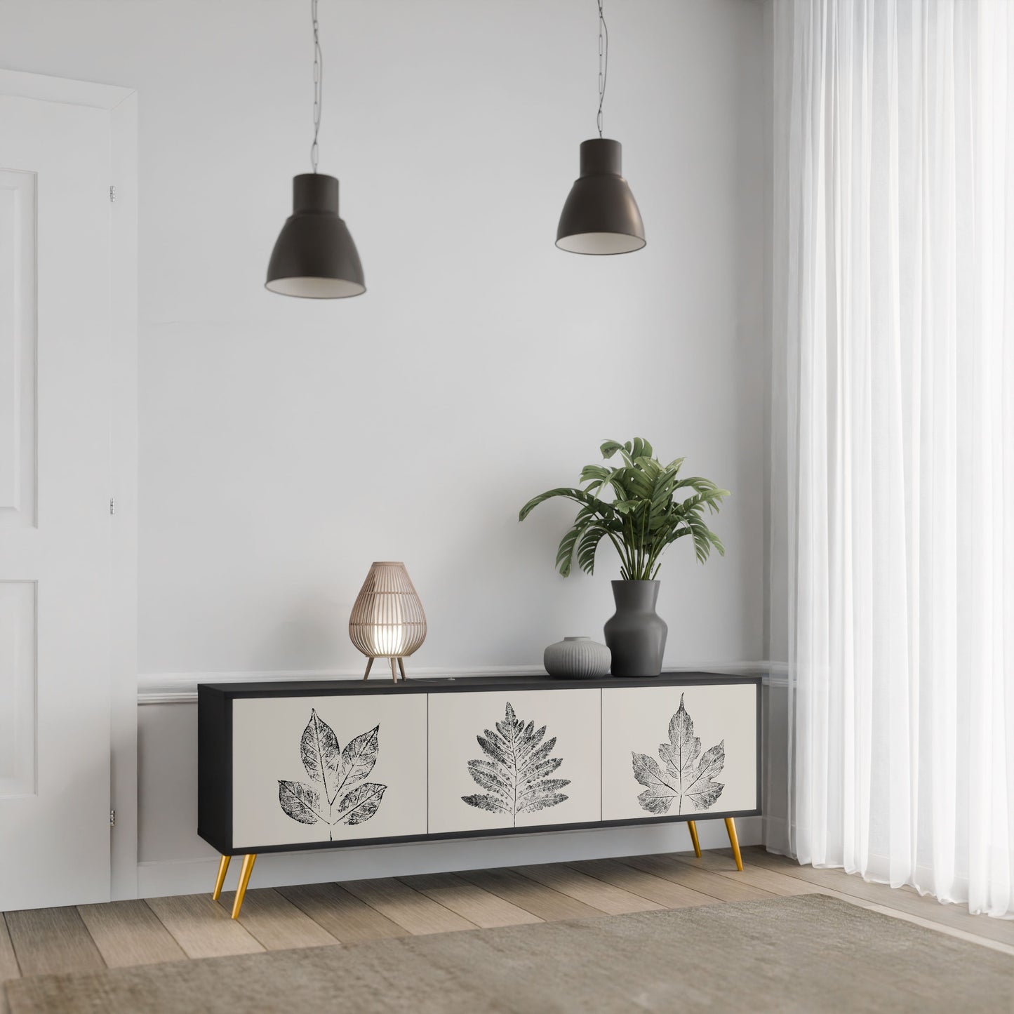 LEAFY STAMPS 3-Door TV Stand in Black Finish