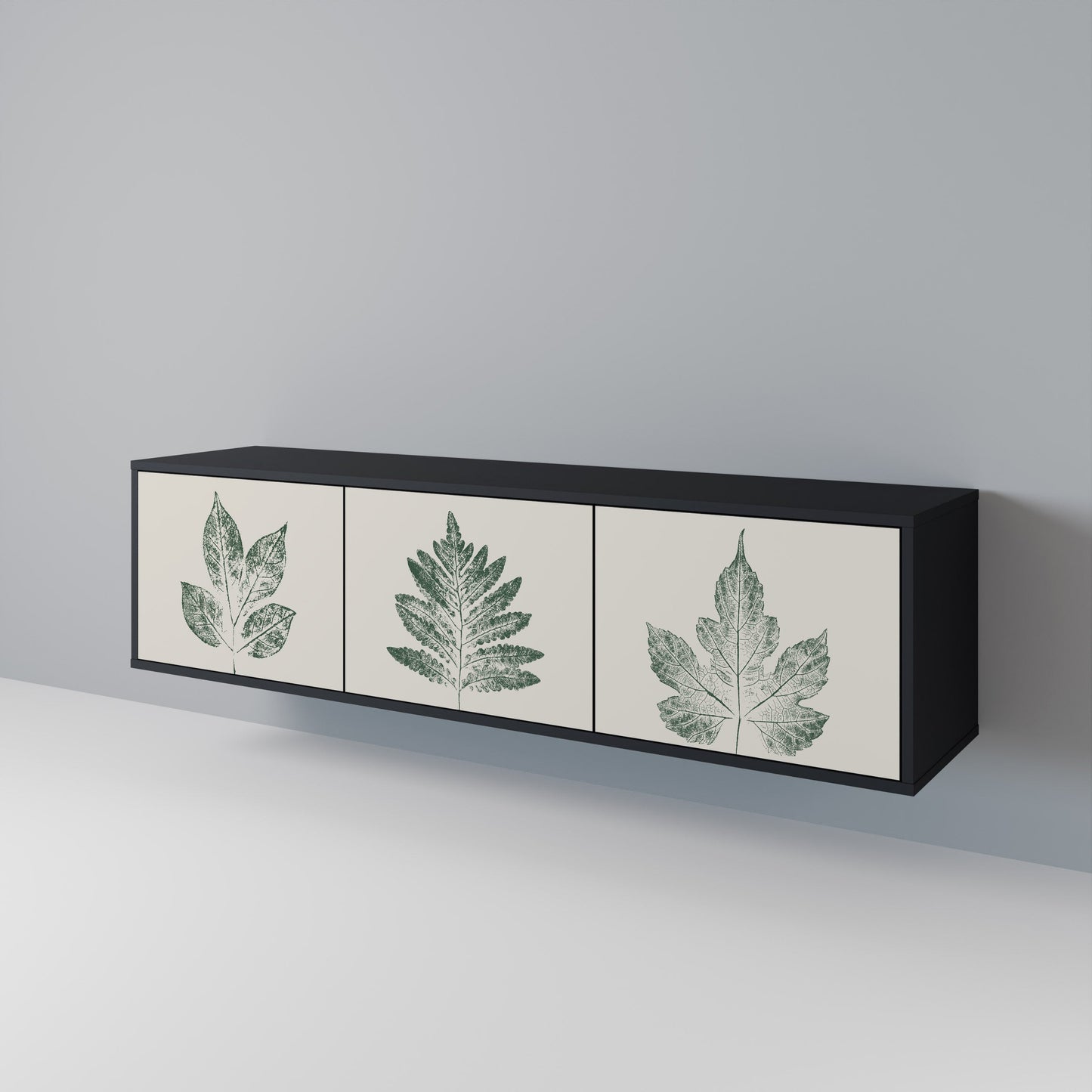 Porta TV a 3 ante GREEN LEAFY STAMPS con finitura nera