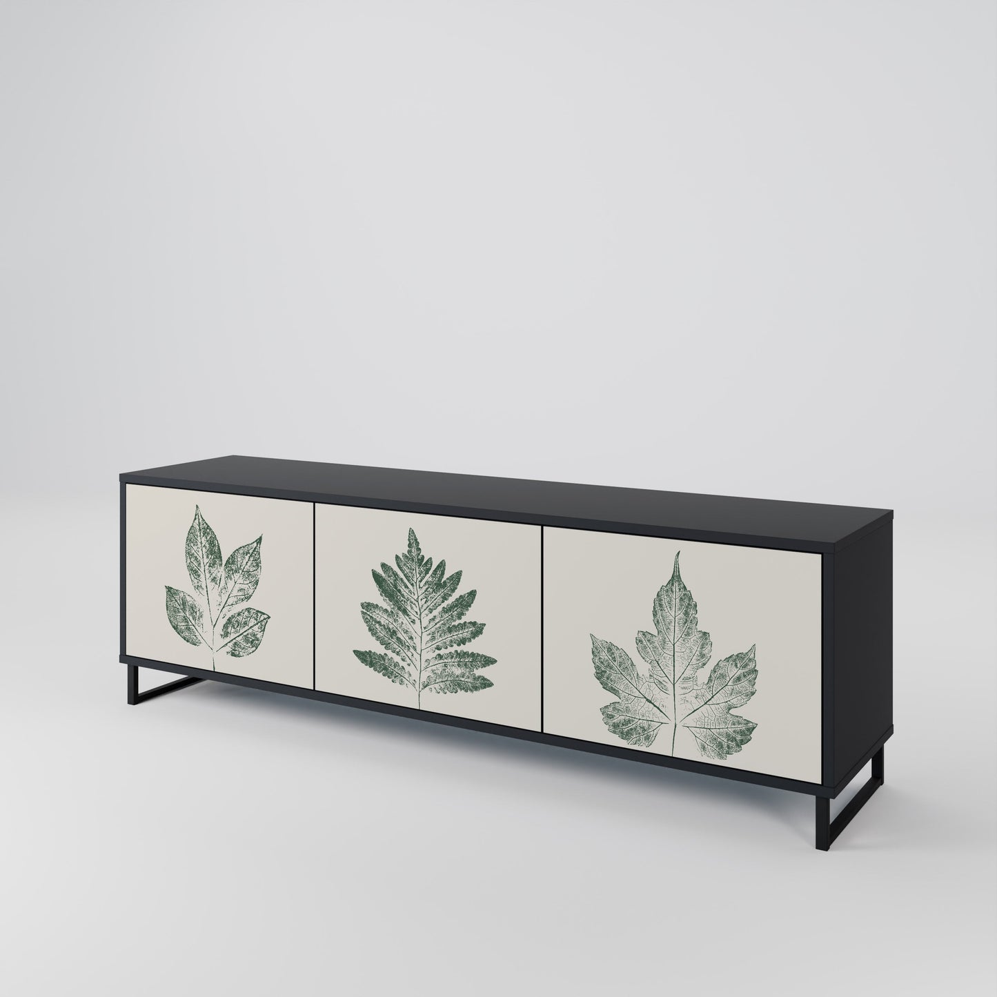 Porta TV a 3 ante GREEN LEAFY STAMPS con finitura nera