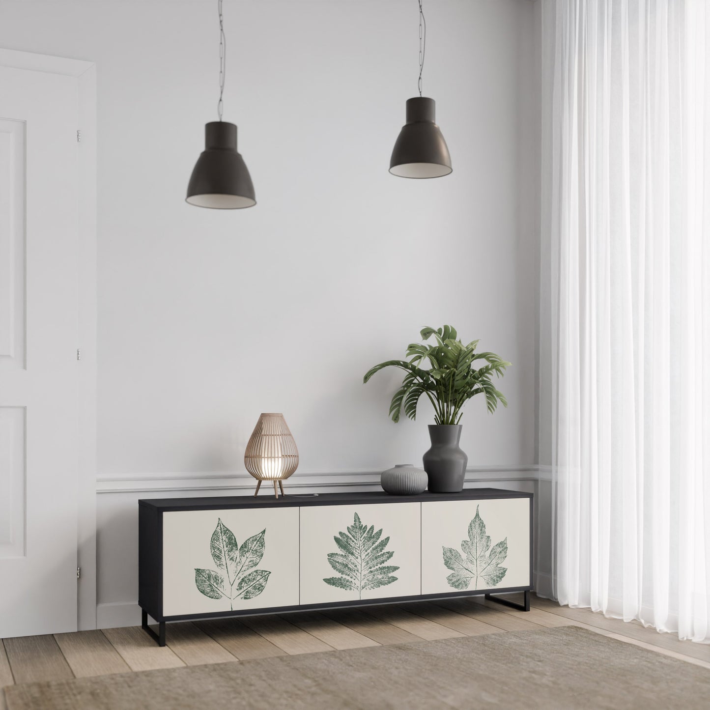 Porta TV a 3 ante GREEN LEAFY STAMPS con finitura nera