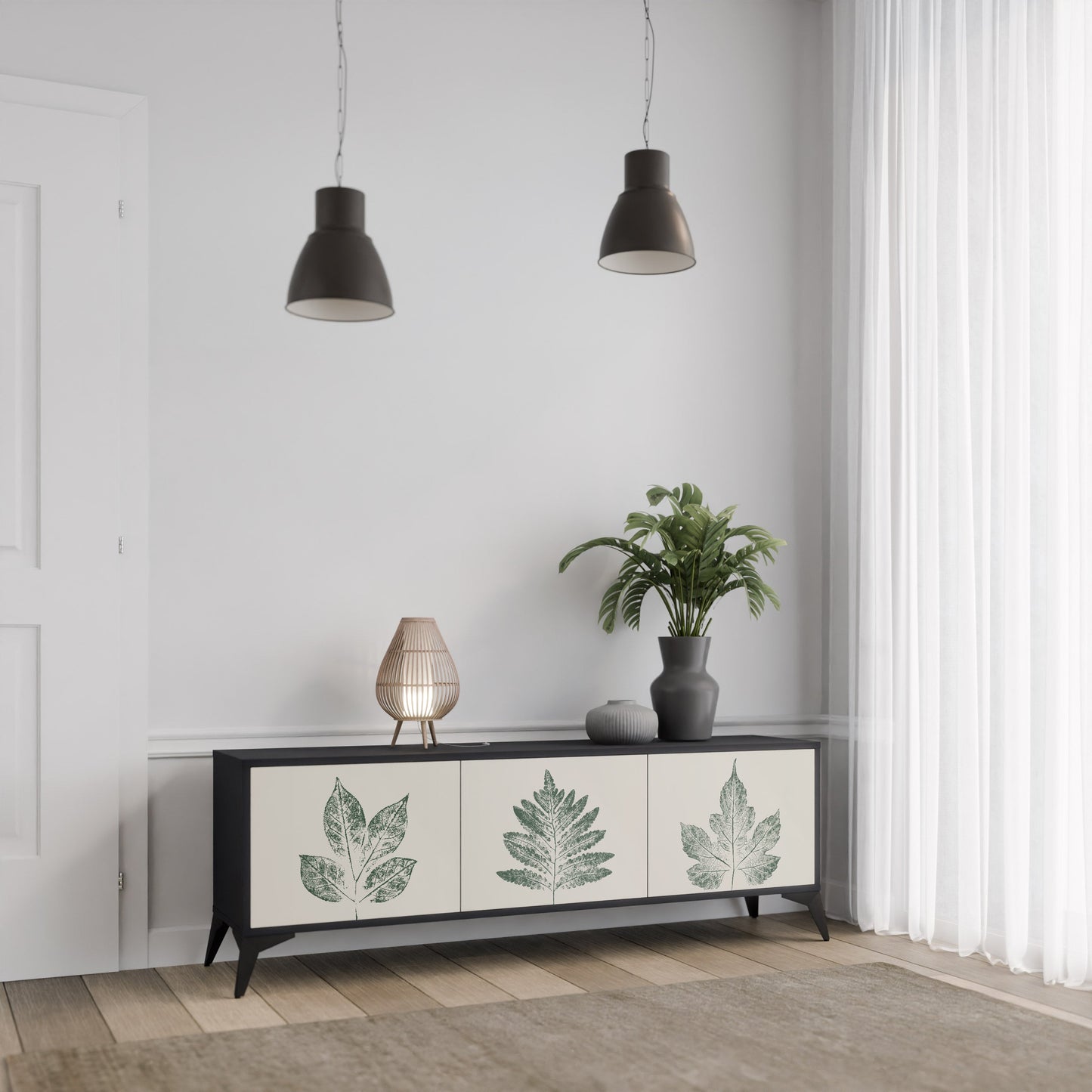 Porta TV a 3 ante GREEN LEAFY STAMPS con finitura nera
