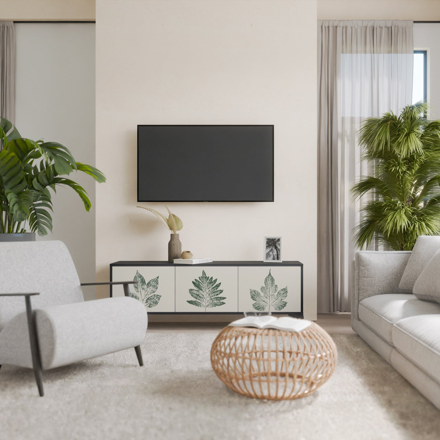 Porta TV a 3 ante GREEN LEAFY STAMPS con finitura nera