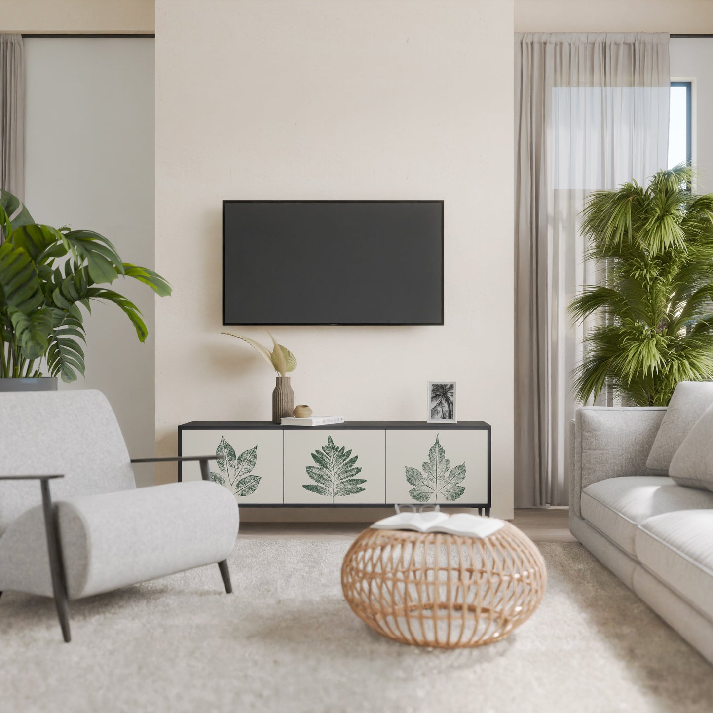 Porta TV a 3 ante GREEN LEAFY STAMPS con finitura nera
