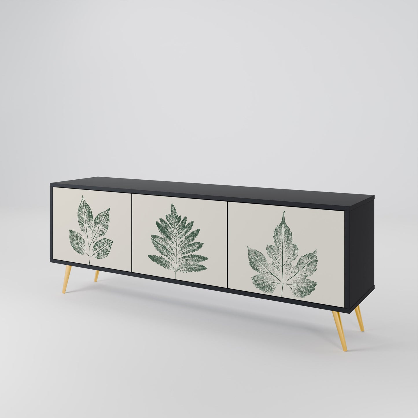 Porta TV a 3 ante GREEN LEAFY STAMPS con finitura nera