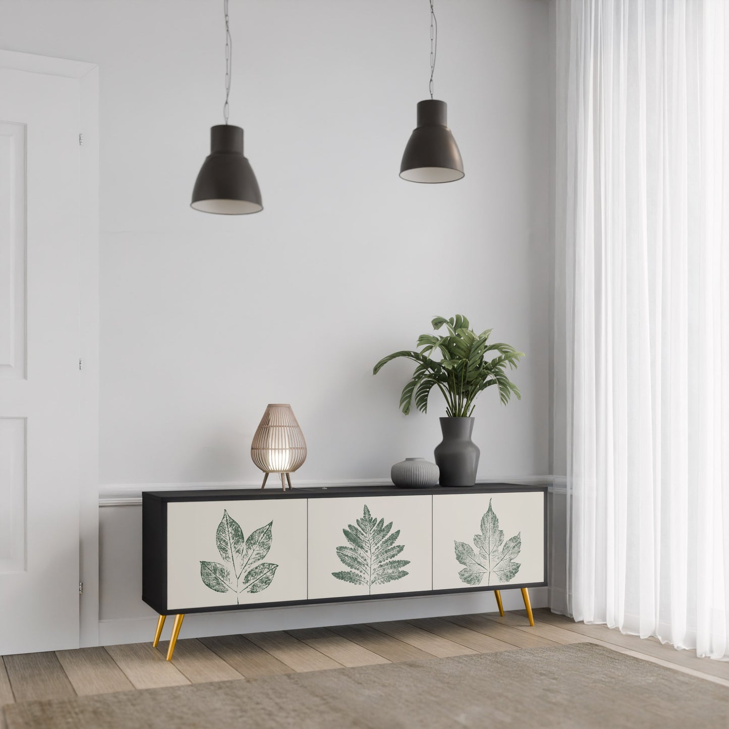 Porta TV a 3 ante GREEN LEAFY STAMPS con finitura nera