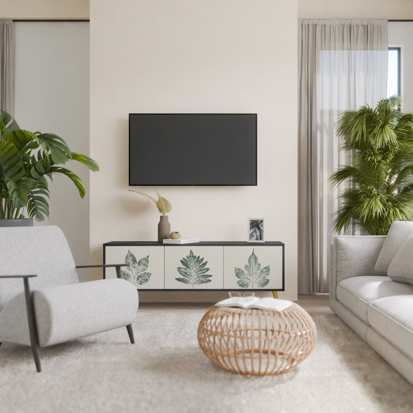 Porta TV a 3 ante GREEN LEAFY STAMPS con finitura nera