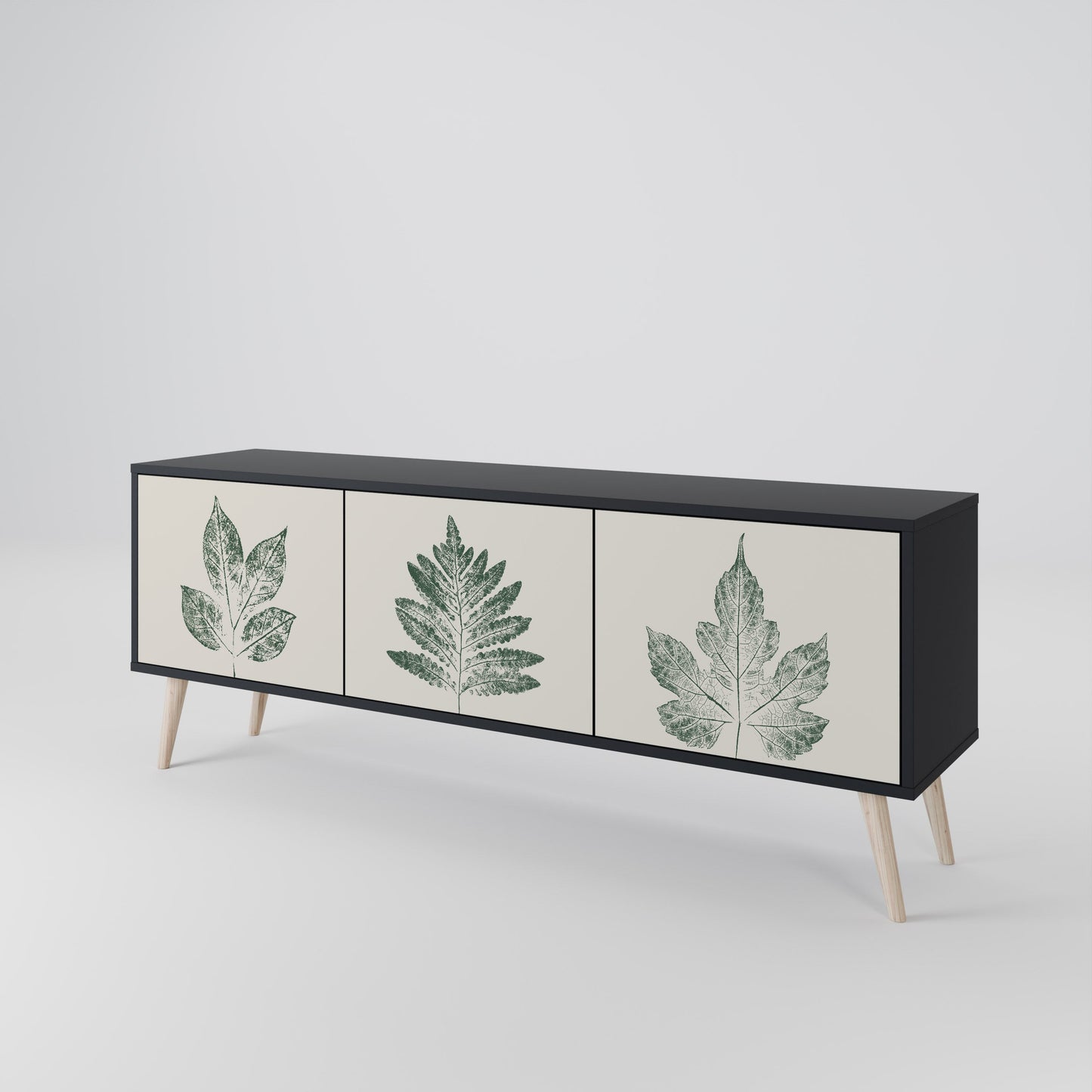 Porta TV a 3 ante GREEN LEAFY STAMPS con finitura nera