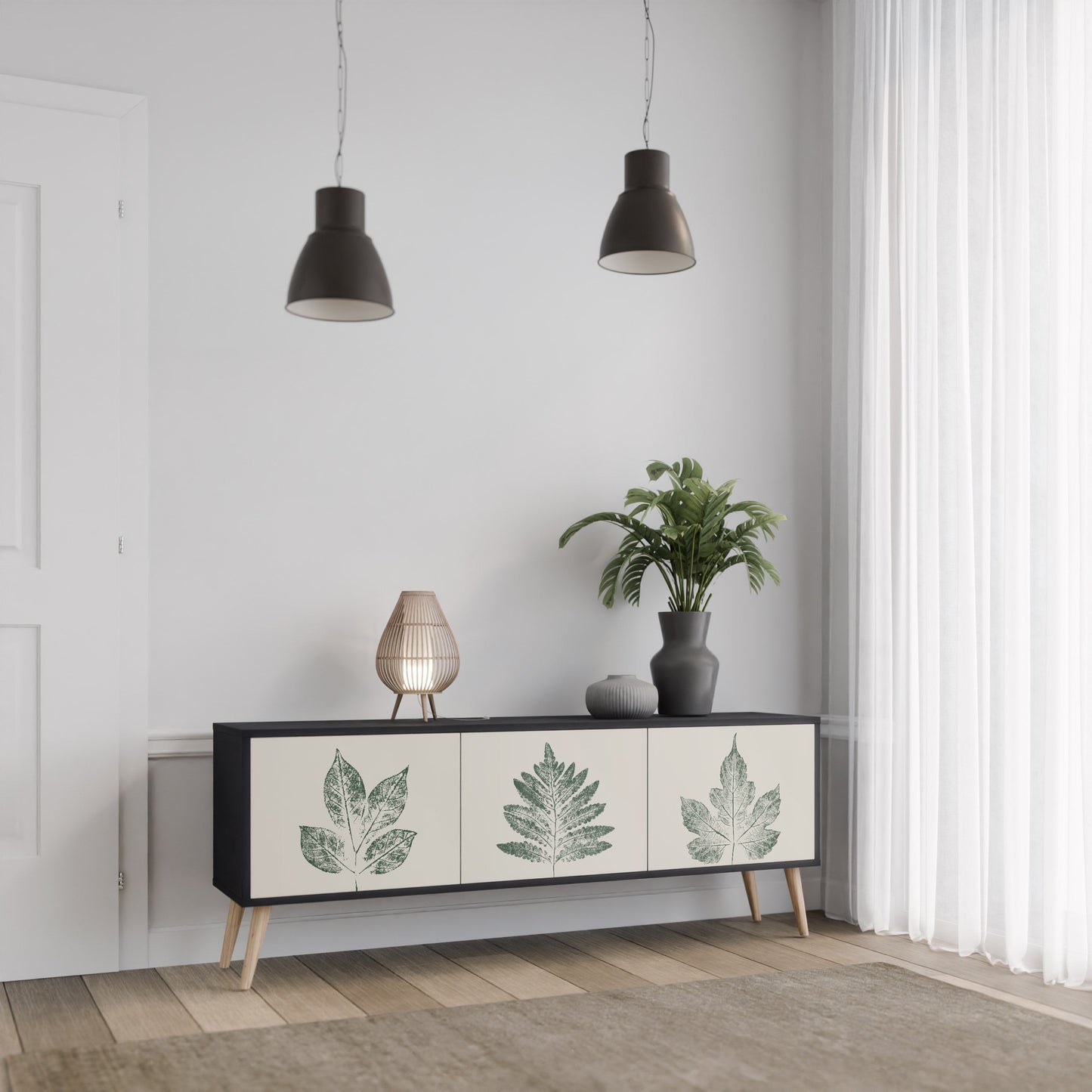 Porta TV a 3 ante GREEN LEAFY STAMPS con finitura nera