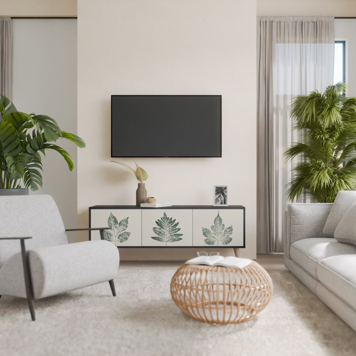 Porta TV a 3 ante GREEN LEAFY STAMPS con finitura nera
