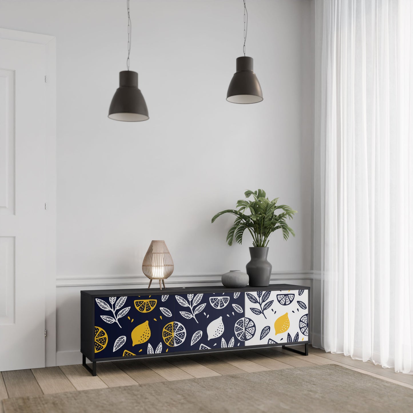CITRUS BLACK AND WHITE 3-Door TV Stand in Black Finish
