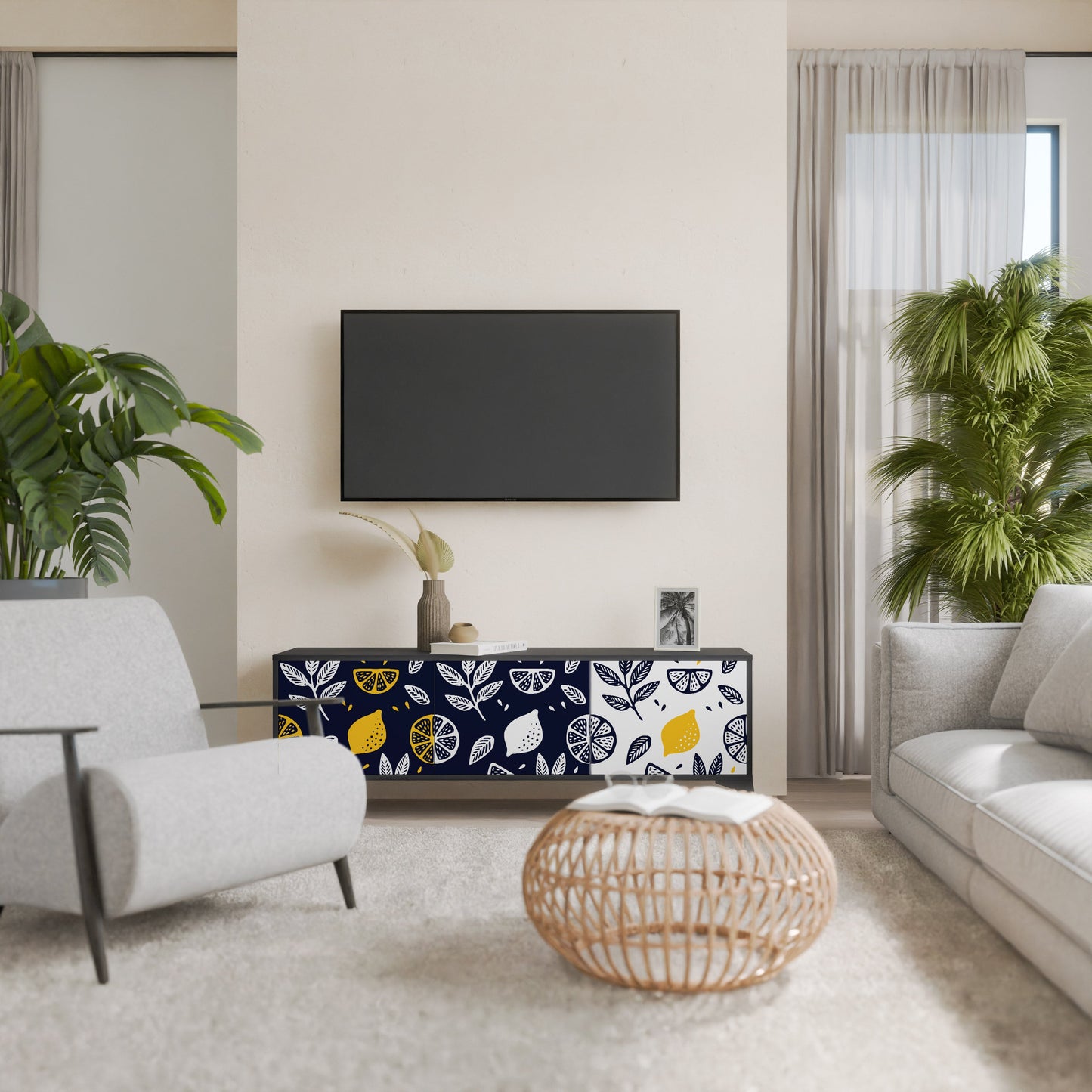 CITRUS BLACK AND WHITE 3-Door TV Stand in Black Finish