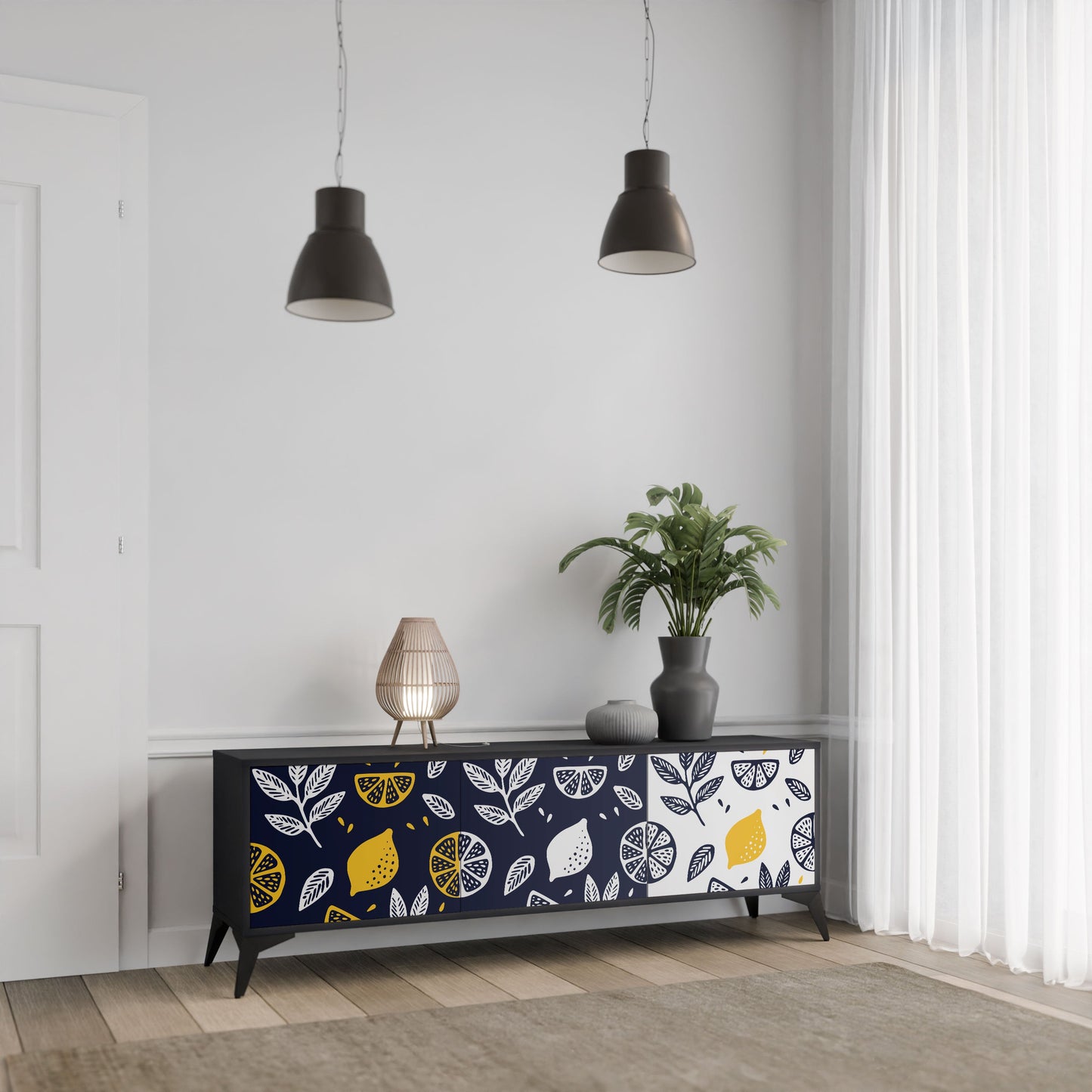 CITRUS BLACK AND WHITE 3-Door TV Stand in Black Finish
