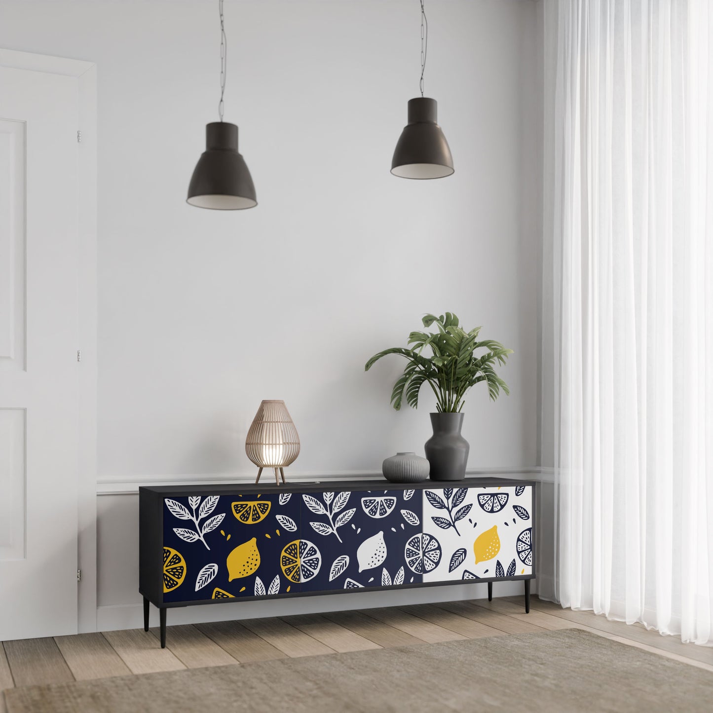 CITRUS BLACK AND WHITE 3-Door TV Stand in Black Finish