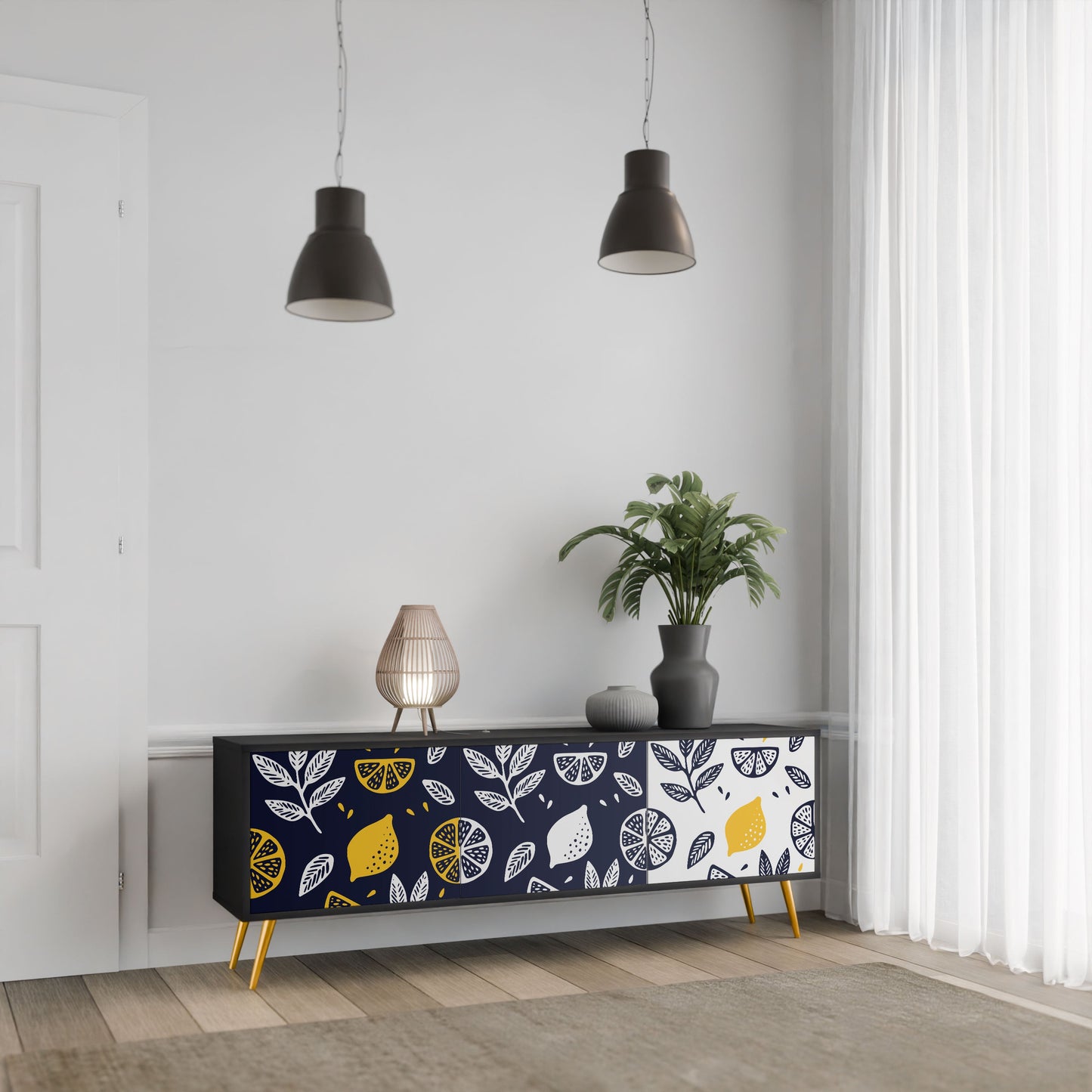 CITRUS BLACK AND WHITE 3-Door TV Stand in Black Finish